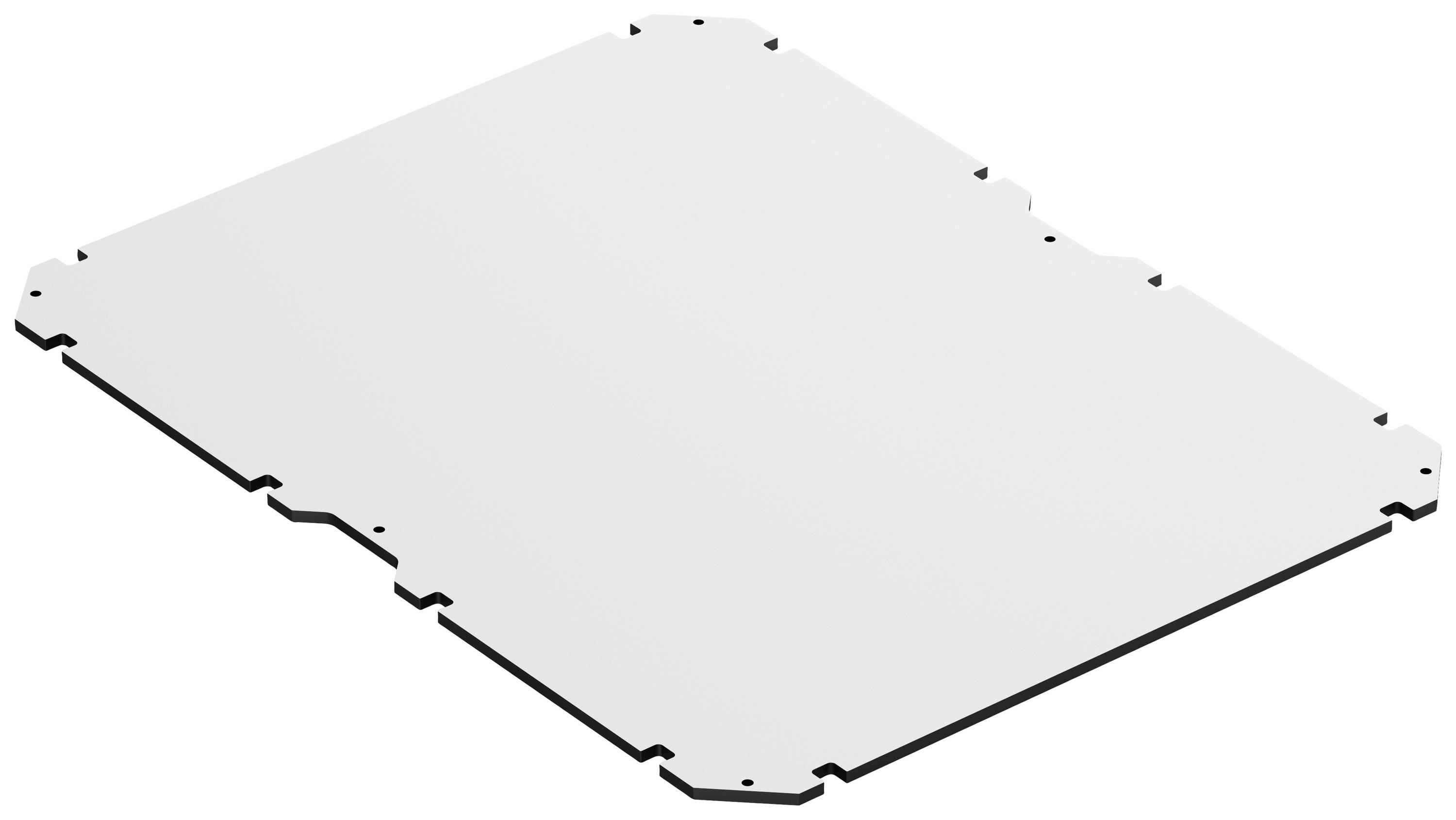 Weißes, rechteckiges Bauteil mit abgerundeten Ecken und mehreren Löchern entlang der Kanten.