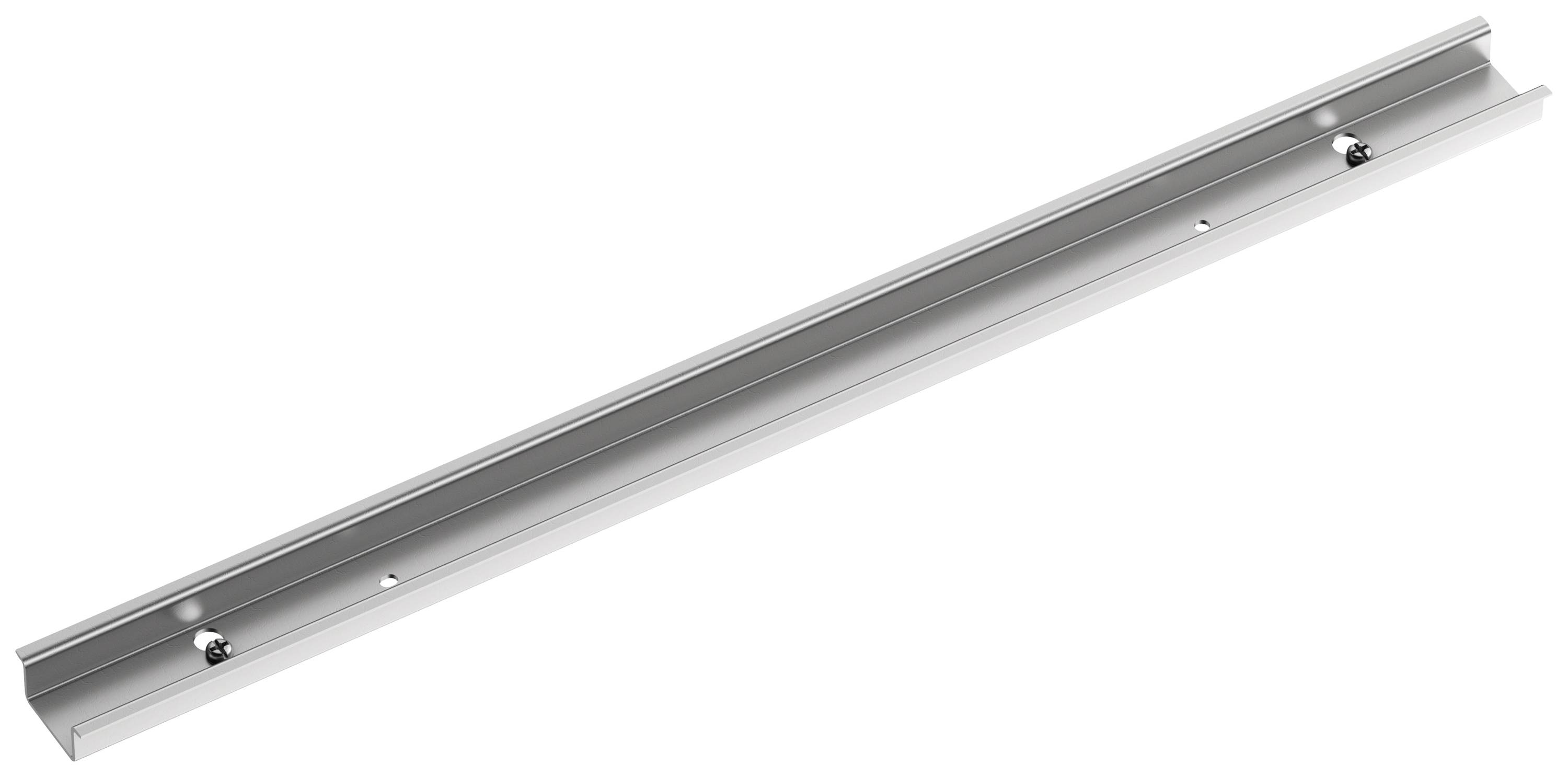 Einzelnes, langes Aluminiumprofil, rechteckig mit abgerundeten Kanten und zwei Schraubenlöchern. Verwendet für Befestigungszwecke.
