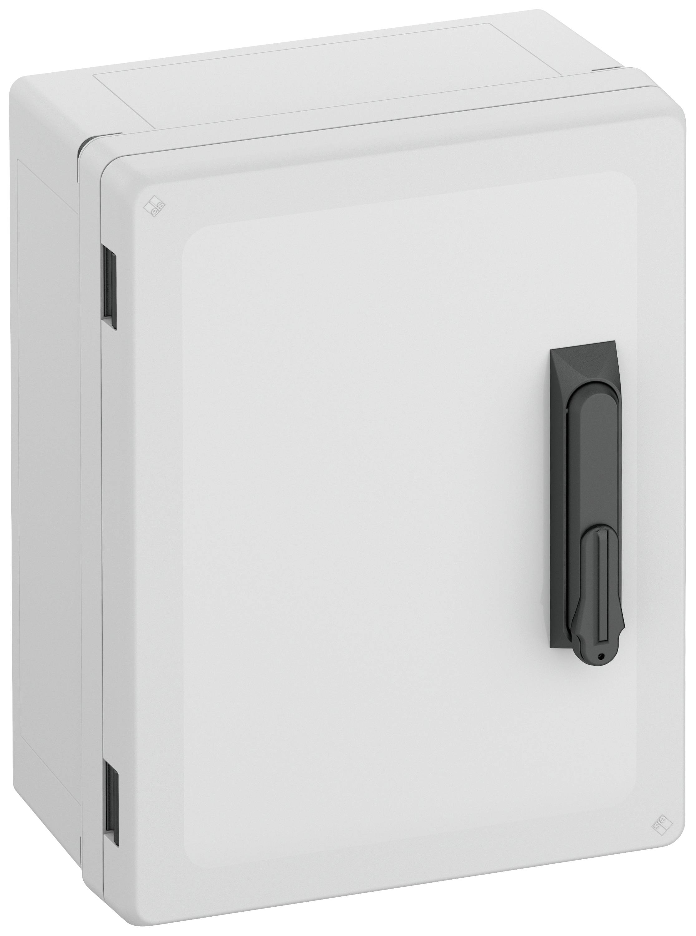 Ein grauer, rechteckiger Kasten mit schwarzem vertikalem Griff. Geeignet für die sichere Aufbewahrung oder als Elektroschrank.