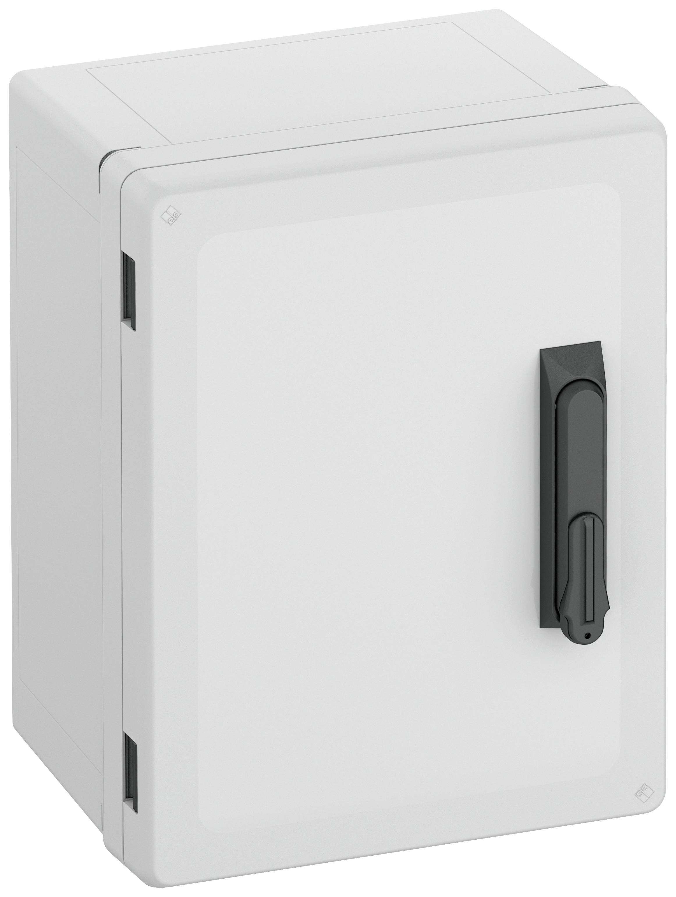 Ein rechteckiger, weißer Schaltschrank mit seitlichem Verschlussgriff. Geeignet für elektrische Geräte und Kabelorganisation.