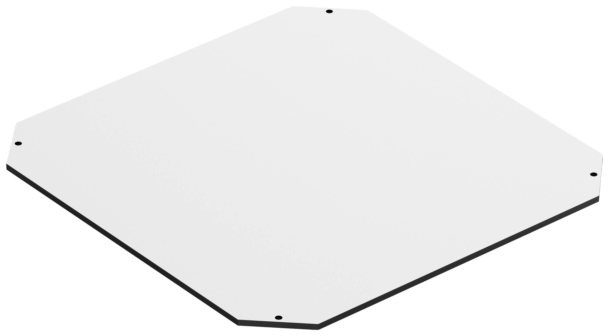 Eine weiße, sechseckige Platte mit kleinen Bohrungen an den Ecken auf einem weißen Hintergrund.