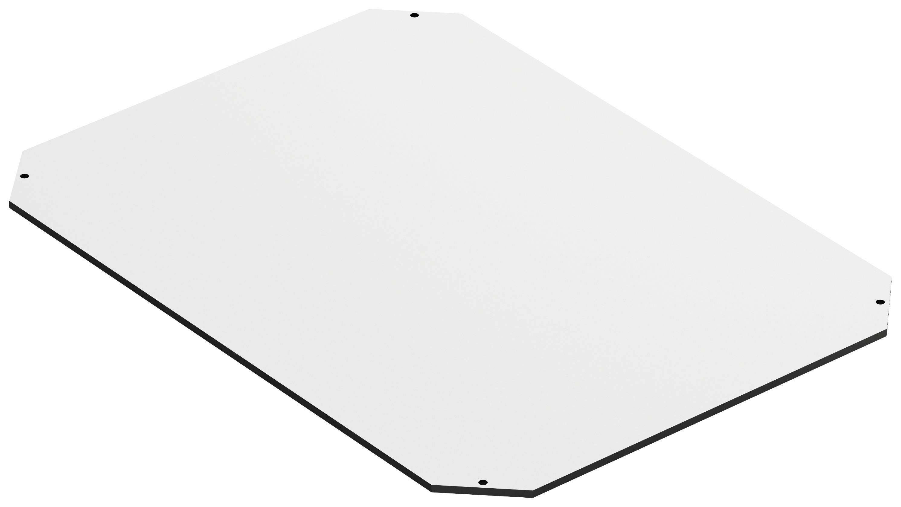 Weiße, rechteckige Metallplatte mit abgeschrägten Ecken und vier kleinen Löchern, jeweils eines an jeder Ecke.