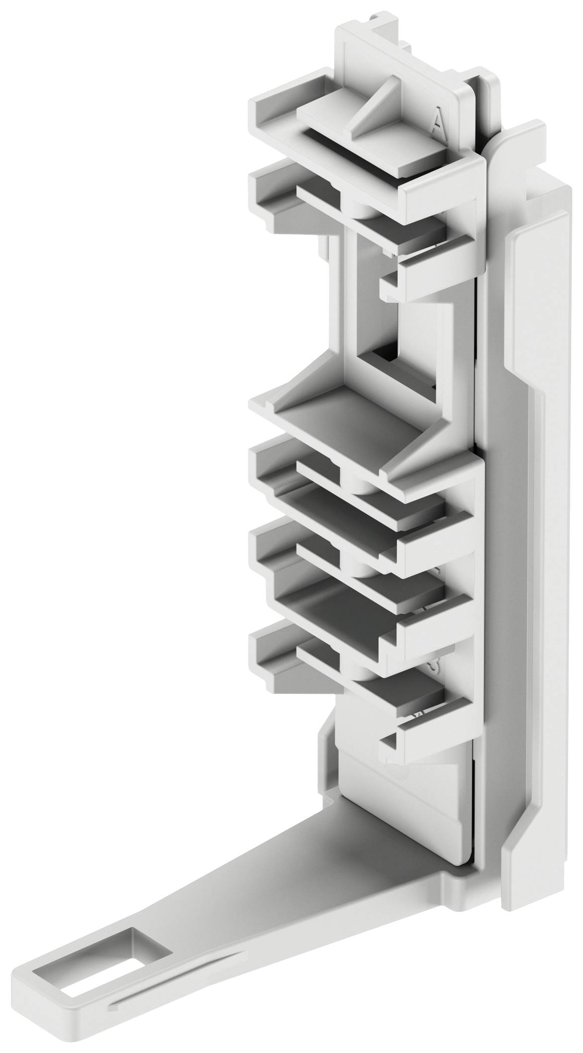 Graues Kunststoffteil mit mehrfachen Verbindungen und einem Tragearm. Design für technische oder elektronische Anwendungen.