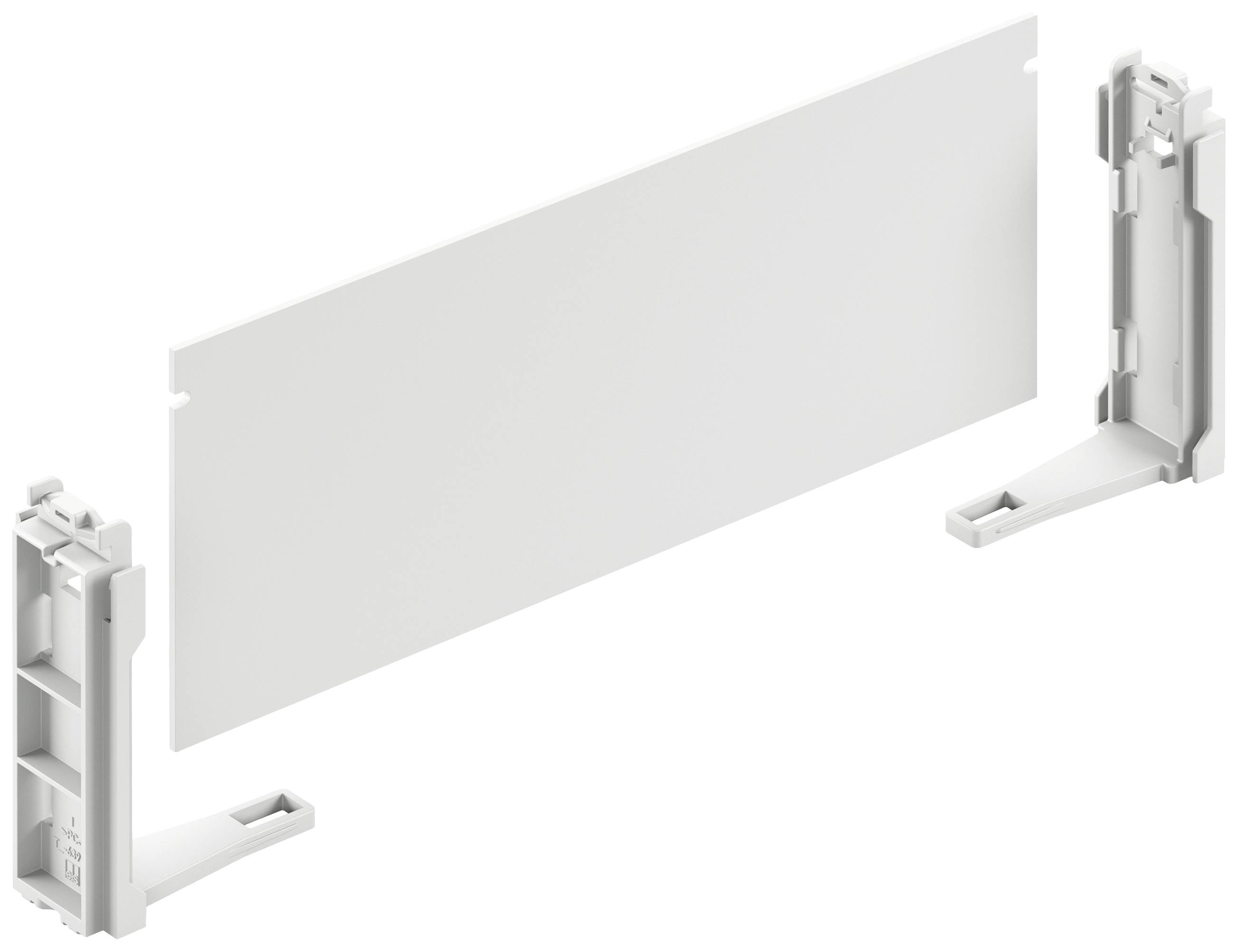 Ein Kunststofftrennstück mit seitlichen Befestigungselementen, das zur Trennung oder Organisation von Komponenten genutzt wird.