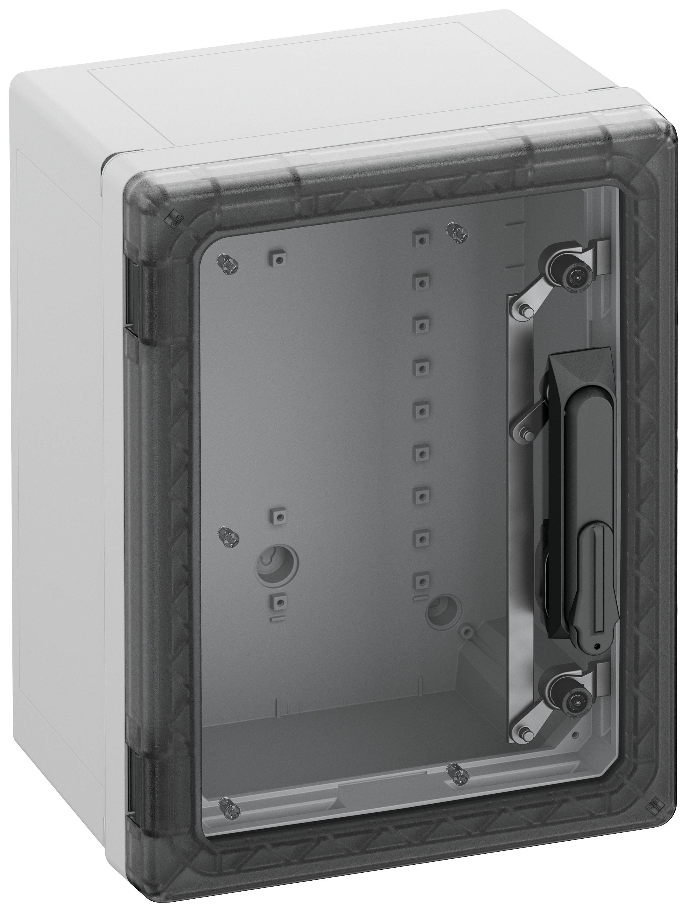 Graues Kunststoffgehäuse mit transparentem, abnehmbarem Deckel und seitlichem Griff. Geeignet für elektronische Installationen.