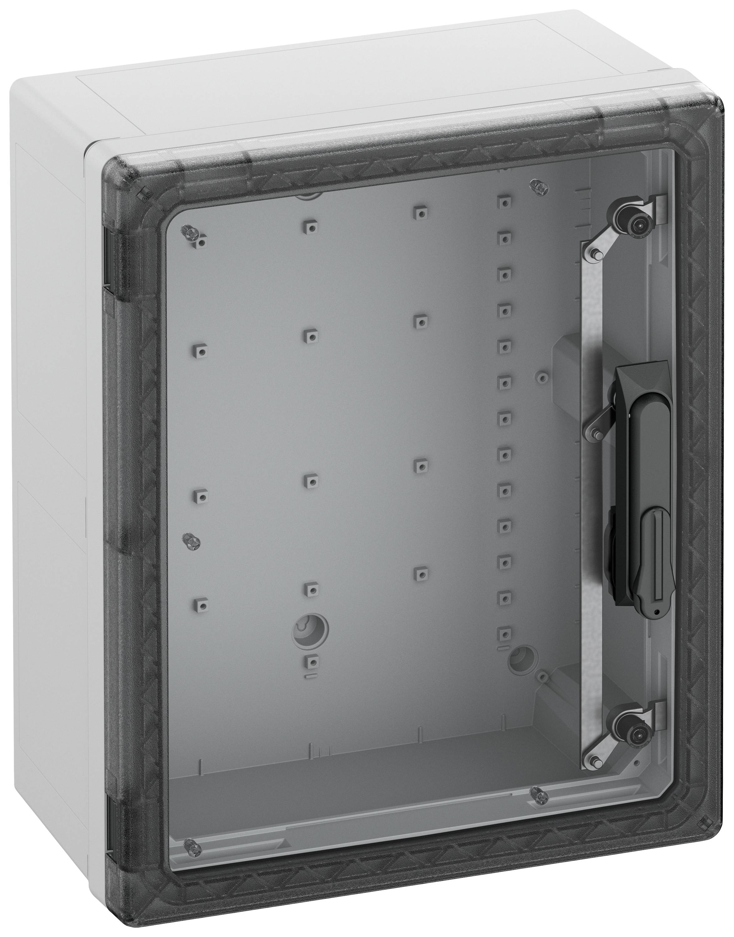 Ein leerer, rechteckiger, durchsichtiger Kunststoffkasten mit schwarzem Rahmen und Griff, geeignet zur Aufbewahrung oder Schutz von Geräten.