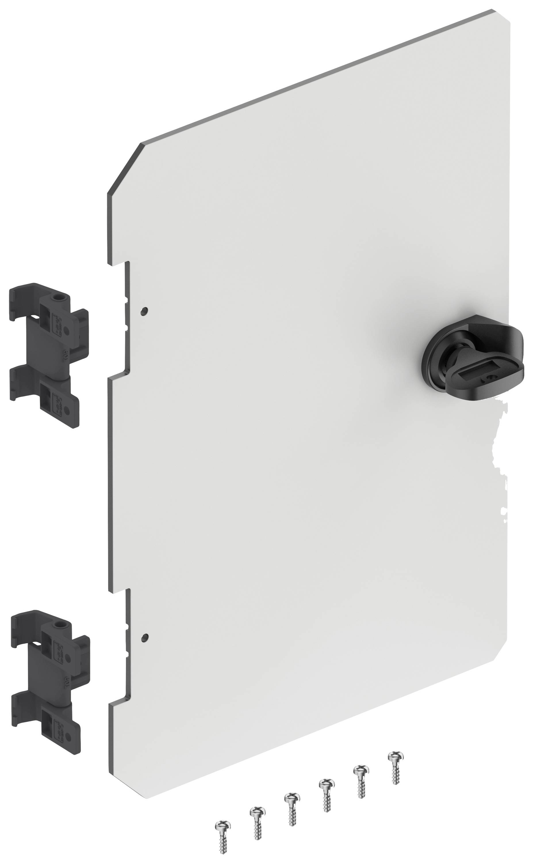 Türschild mit Drehknauf und Befestigungsteilen, darunter sechs Schrauben und zwei Montagehalterungen.