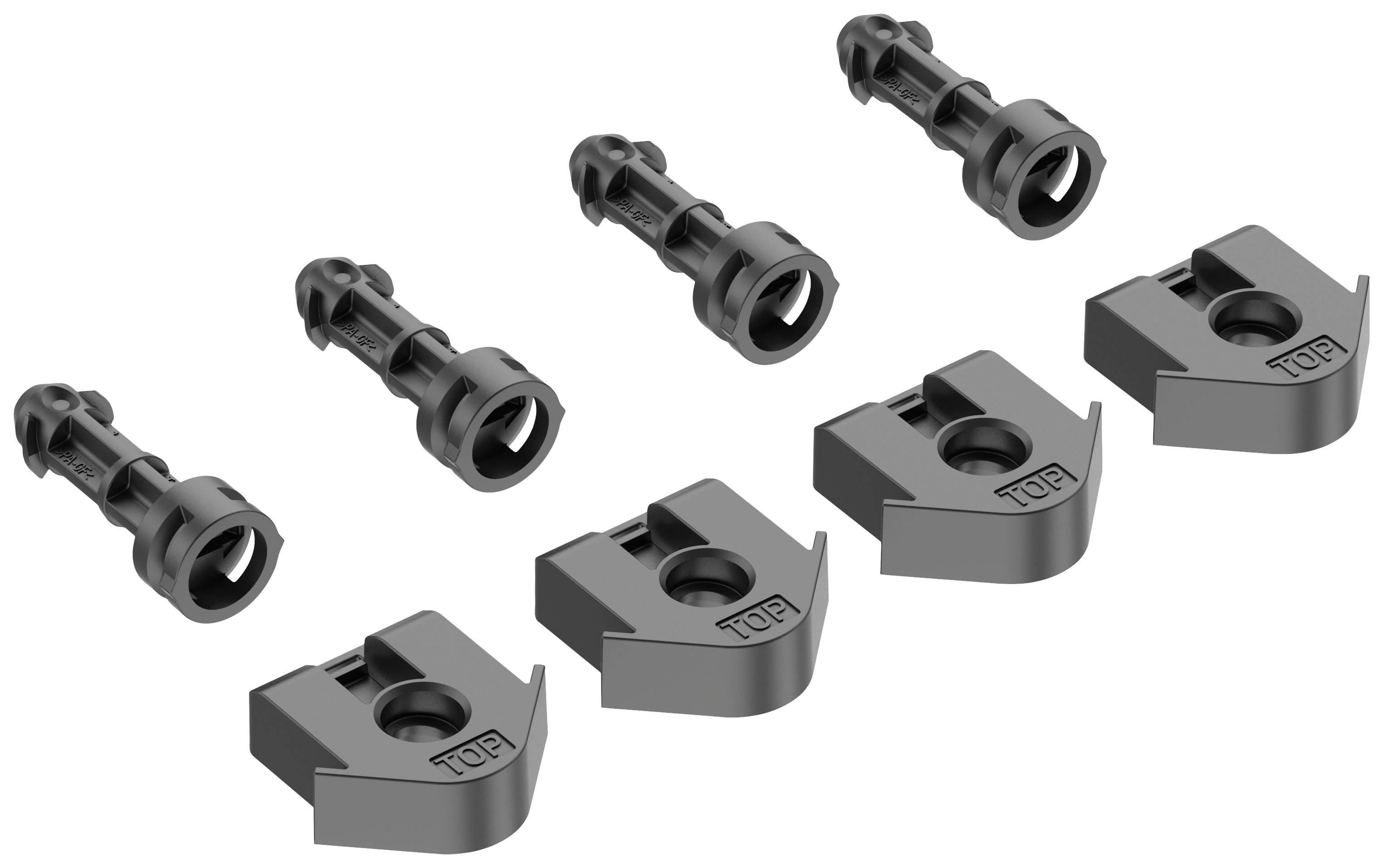 Vier schwarze Kunststoffklemmen und vier passende Schrauben, auf weißem Hintergrund angeordnet.