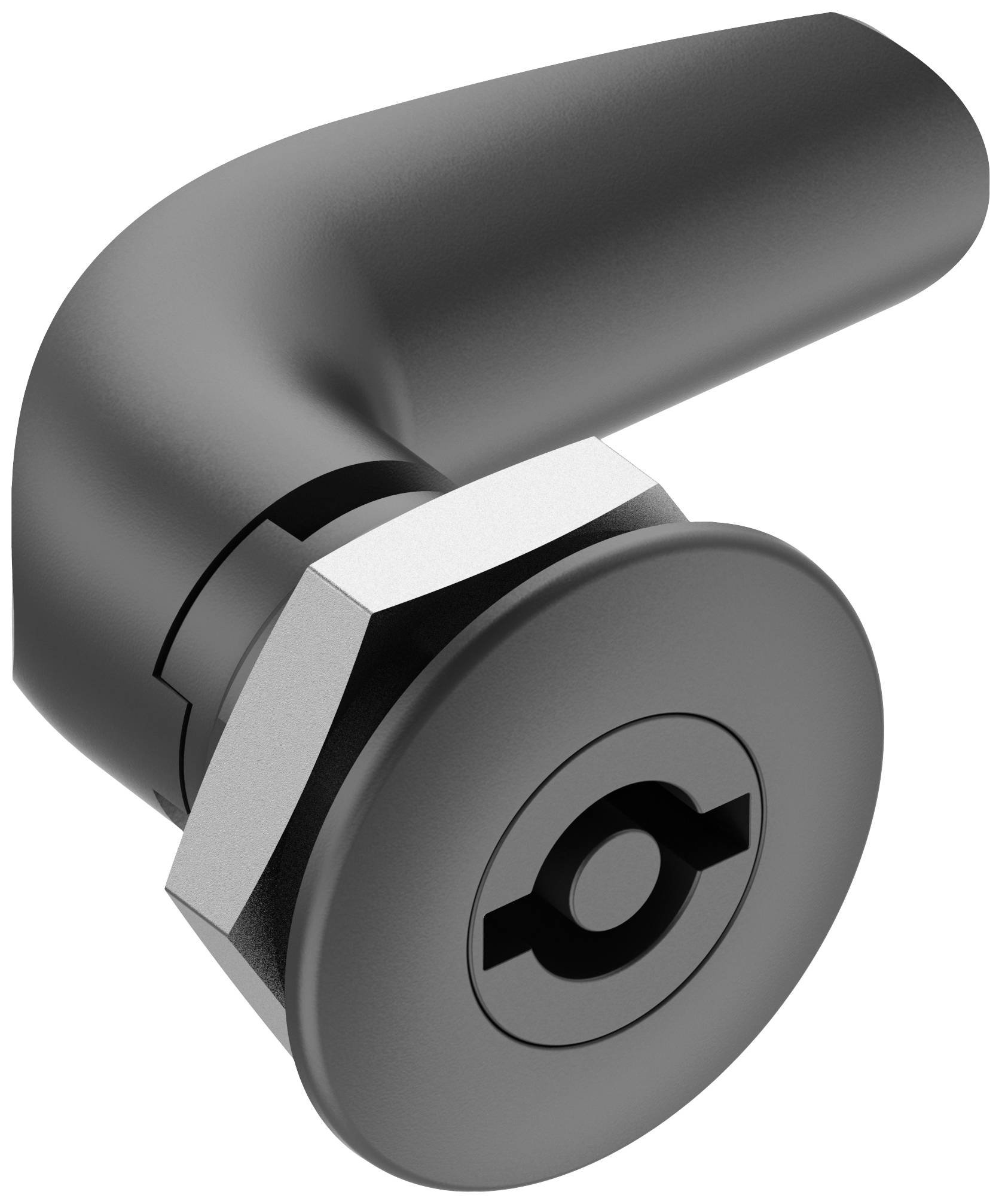 Schwarzer Türgriff in L-Form mit sechseckiger Befestigung. Passend für Schränke oder Türen zur einfachen Handhabung.