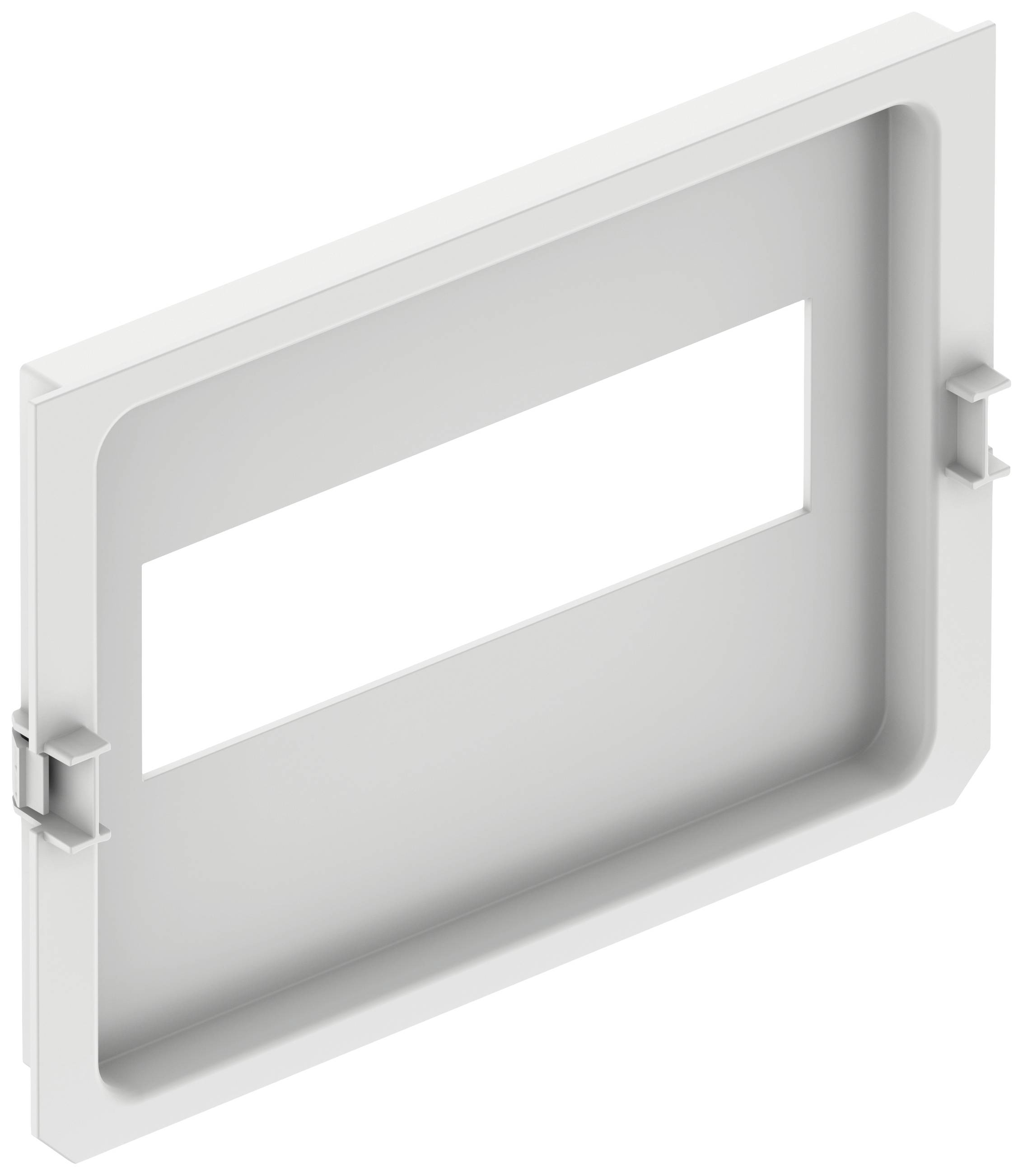 Weiße rechteckige Einbaurahmen mit zentraler Öffnung und Befestigungsklammern an beiden Seiten, für Installationszwecke geeignet.