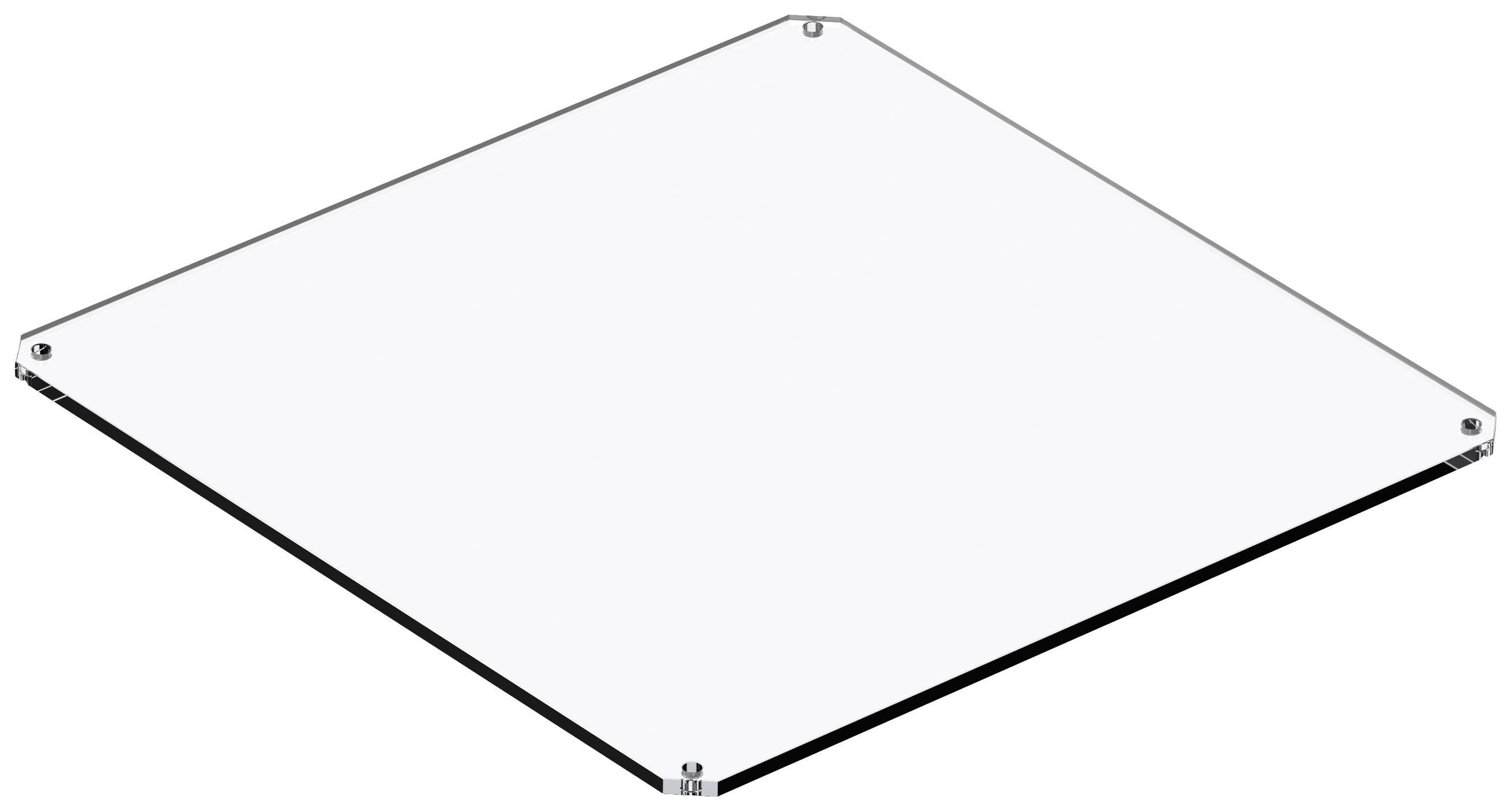 Klares Acrylglas-Quadrat, perspektivisch schräg von oben dargestellt, mit abgeschrägten Ecken. Hintergrund neutral weiß.