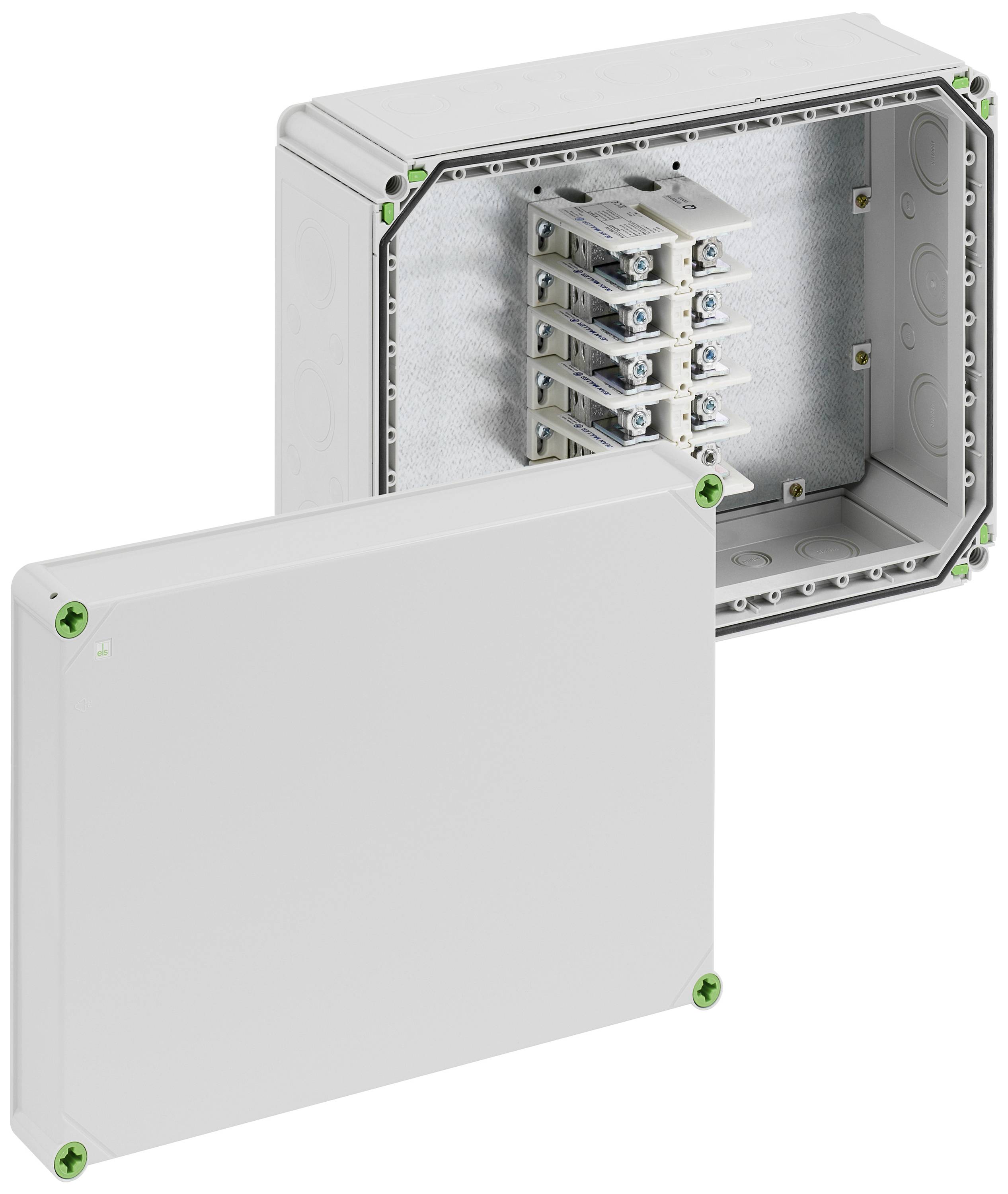 Eine offene graue Anschlussdose mit mehreren Kabelklemmen und abgenommenem Deckel. Geeignet für elektrische Installationen.