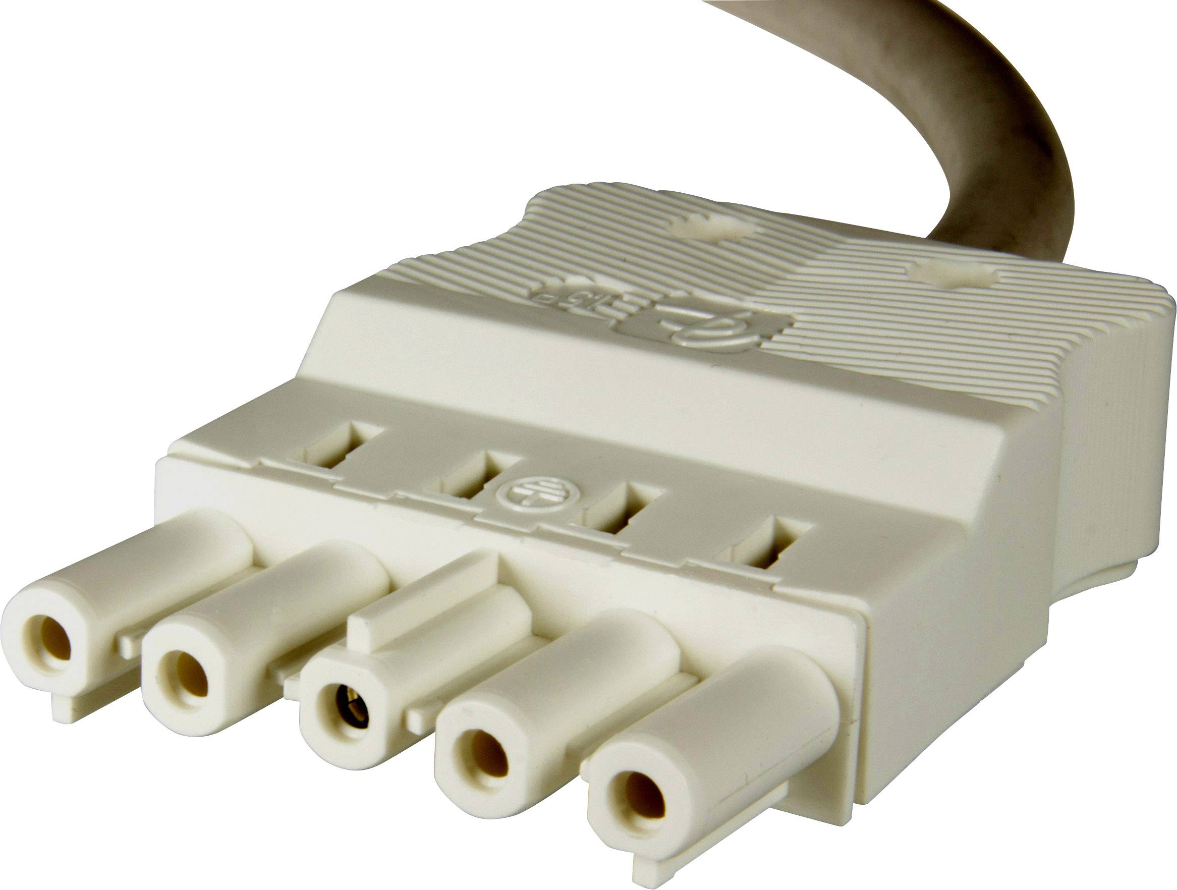 Ein Nahaufnahmebild eines weißen Eurosteckers mit drei Löchern, der an einem braunen Kabel befestigt ist.