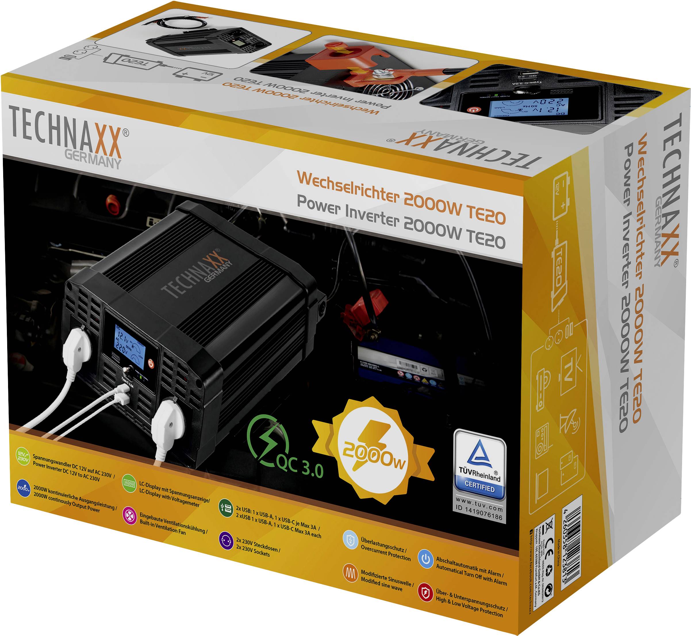 'TECHNAXX Germany' Produktverpackung eines 2000W Wechselrichters, zeigt das Gerät mit Steckdosenanschlüssen und hervorhebenden Merkmalen wie QC 3.0 und TÜV-Zertifizierung.