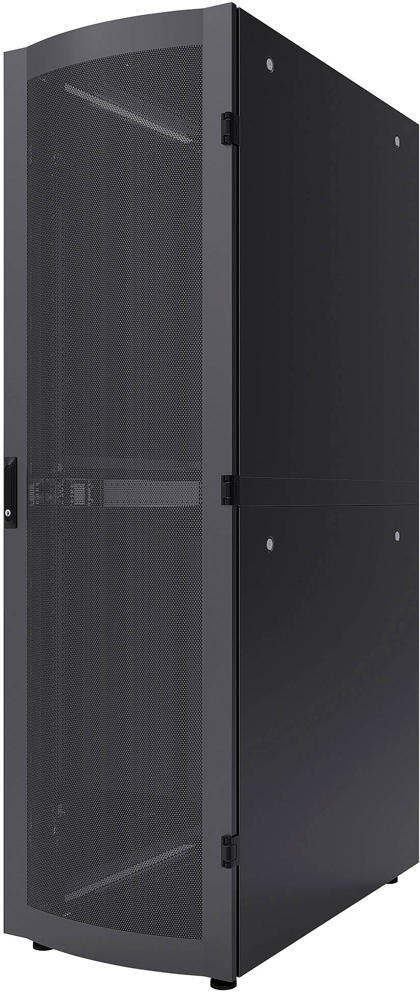 Ein schwarzer Server-Rack-Schrank mit Glastür, geschlossen, für die Organisation und Lagerung von IT-Geräten in einem Rechenzentrum.