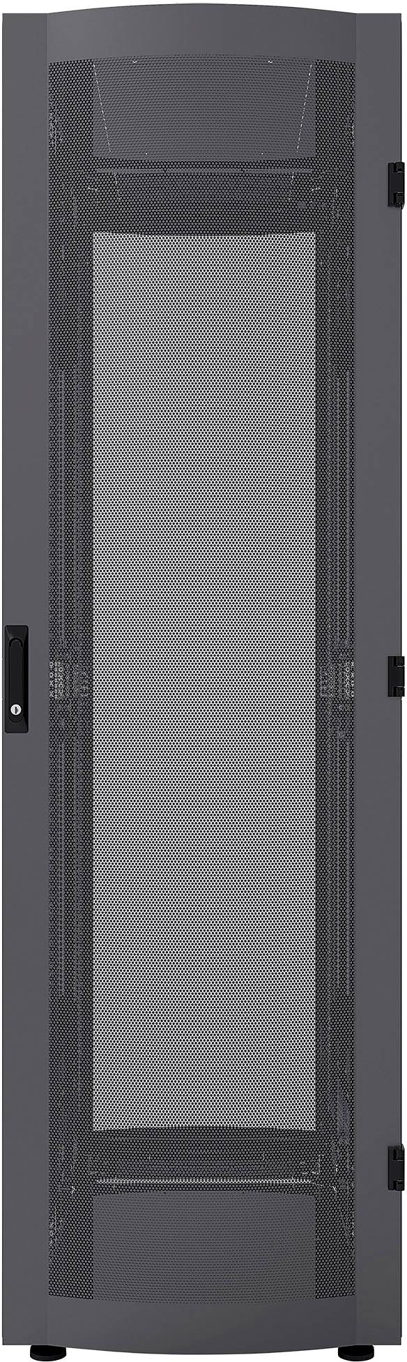 Graues Serverschrank-Gehäuse mit vorne sichtbarer Gittertür für Belüftung. Schlichtes Design für Rechenzentren oder IT-Räume.