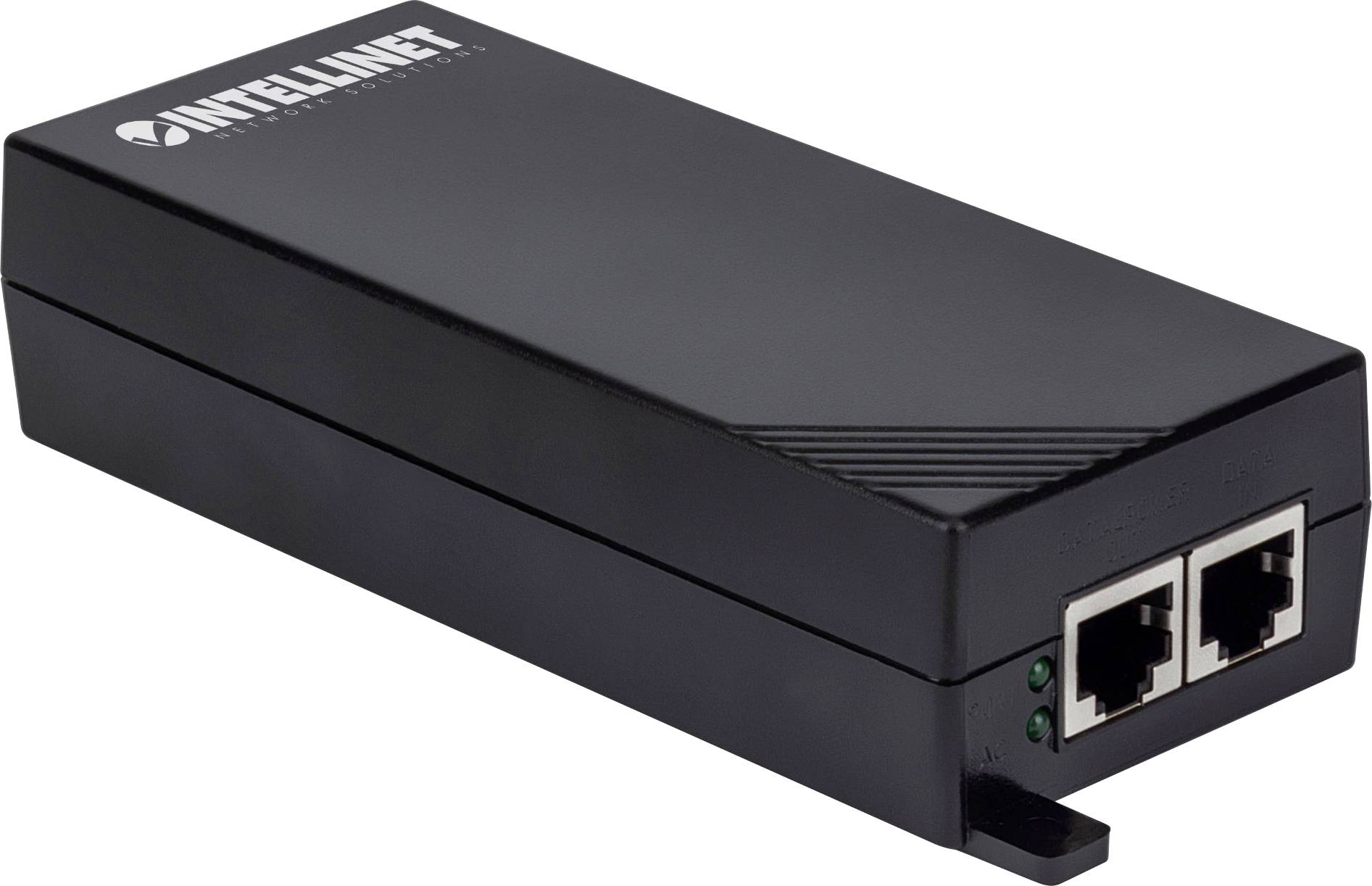 Schwarzer Netzwerk-PoE-Injektor mit zwei Ethernet-Ports und Markenaufdruck auf der Oberseite. Gerät zur Stromversorgung über Ethernet.