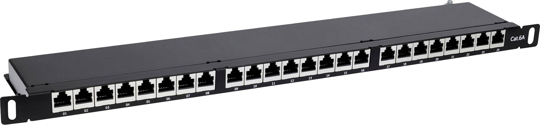 Patchpanel mit 24 Ports, zur Verwaltung von Ethernet-Kabelverbindungen, geeignet für Netzwerkinstallationen in Serverschränken.