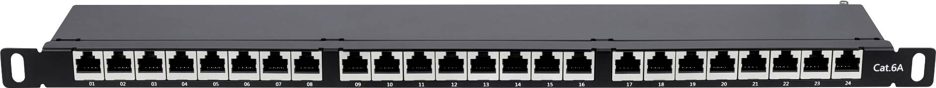 Ein 24-Port-Patchpanel für Netzwerkkabel, montiert in einem Rack, zur Verwaltung und Organisation von Verbindungen in einem Serverraum.