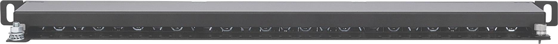 Ein schwarzer Patchpanel mit mehreren nummerierten Anschlüssen, geeignet zur Organisation und Verbindung von Netzwerkkabeln in einem Serverraum.