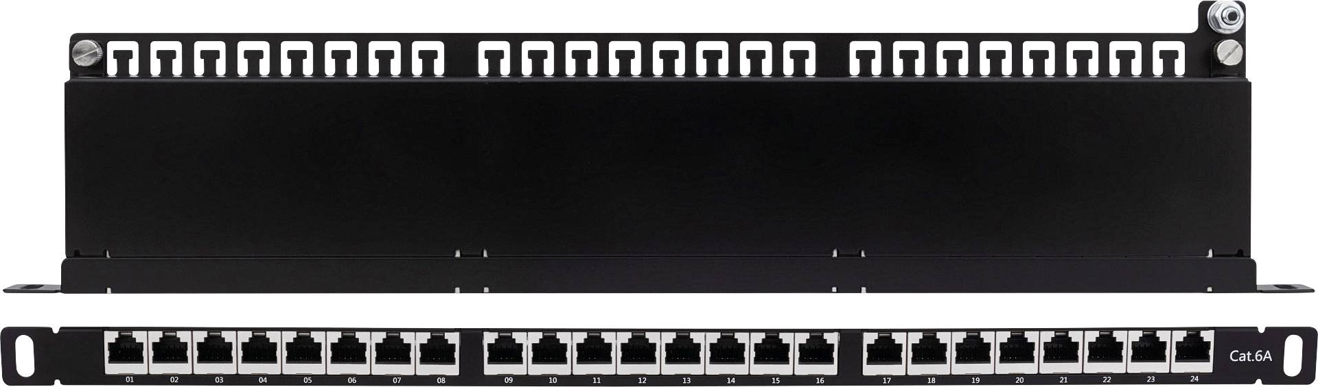 Ein Patchpanel mit mehreren Ethernet-Anschlüssen oben und unten, das für Netzwerkverbindungen in einem Serverraum verwendet wird.