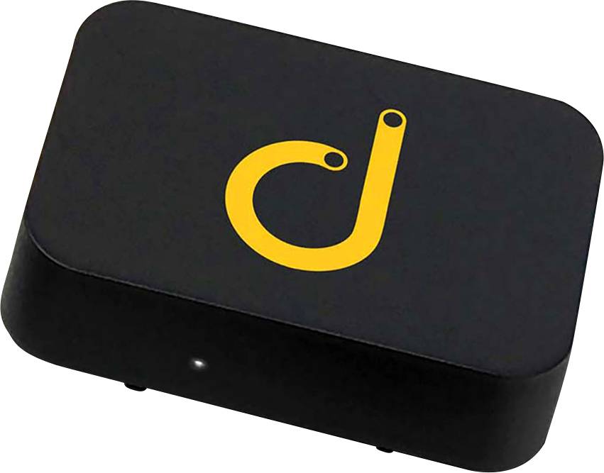Schwarze elektronische Box mit gelbem Logo auf der Oberseite, rechteckige Form und abgerundete Kanten.