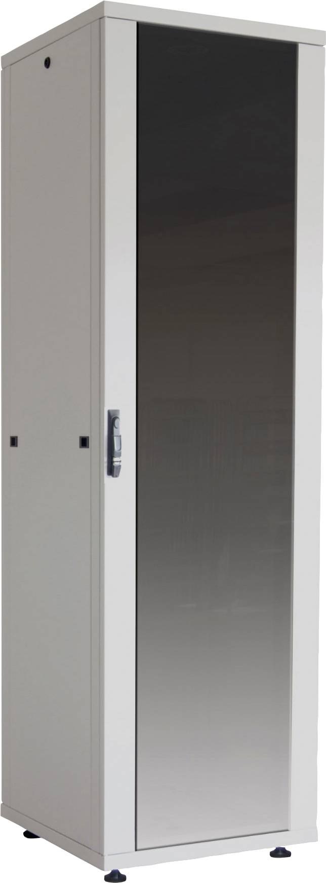 Metallschrank mit Spiegel auf der Vorderseite, hoher, schmaler Bau, geeignet für Stauraum in Büros oder beengten Räumen.