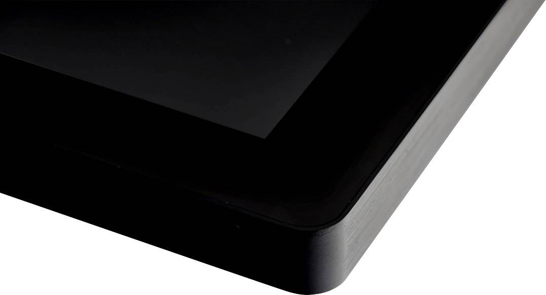 Schwarze, glänzende Ecke eines elektronischen Geräts, wahrscheinlich ein Bildschirm oder Tablet, in Nahaufnahme.