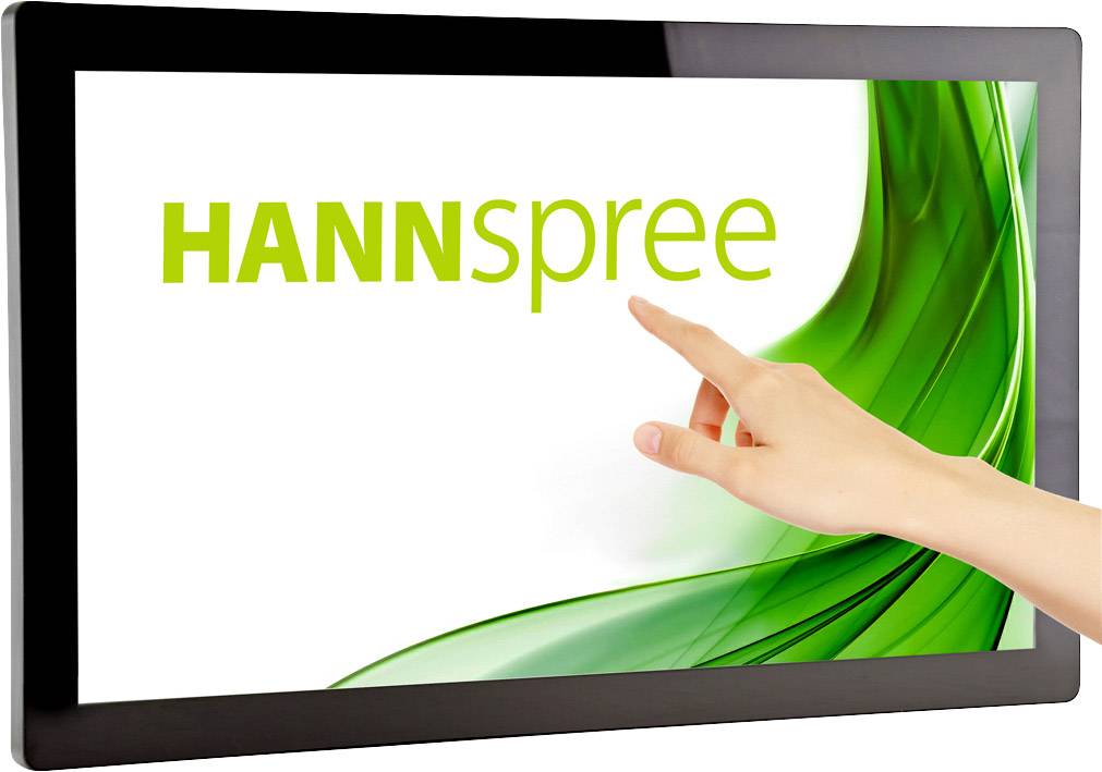Ein Finger zeigt auf einen Monitor mit dem grünen Logo 'HANNspree' auf weißem Hintergrund, daneben eine grüne Welle.