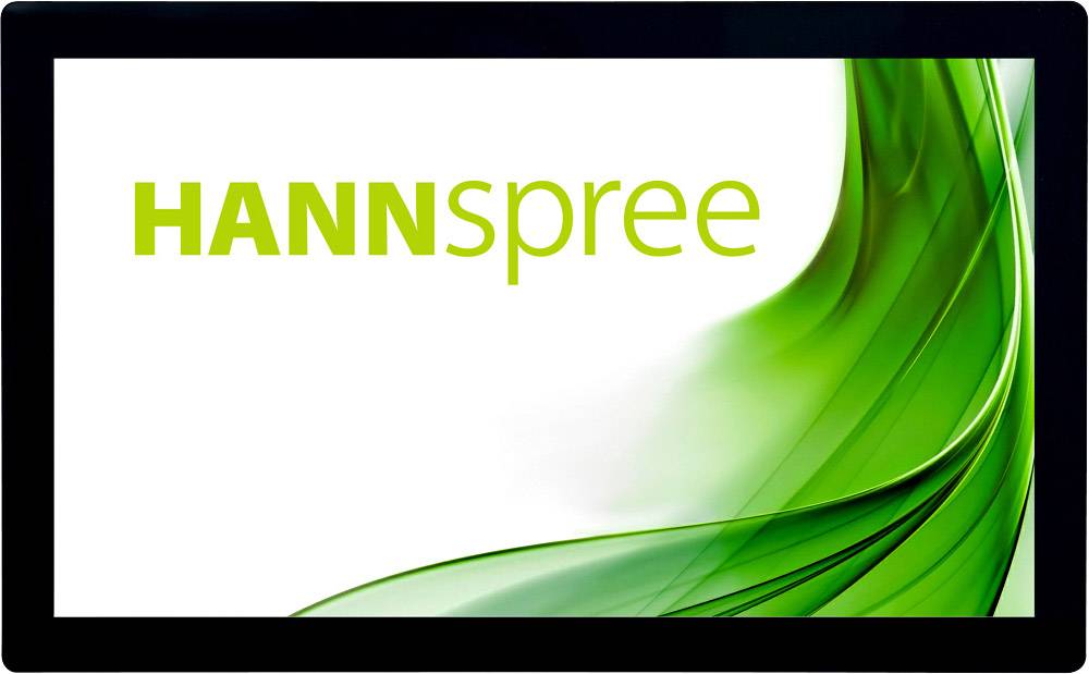 Ein Bildschirm zeigt das grüne Logo von HANNspree auf weißem Hintergrund mit grünen, geschwungenen Linien rechts.