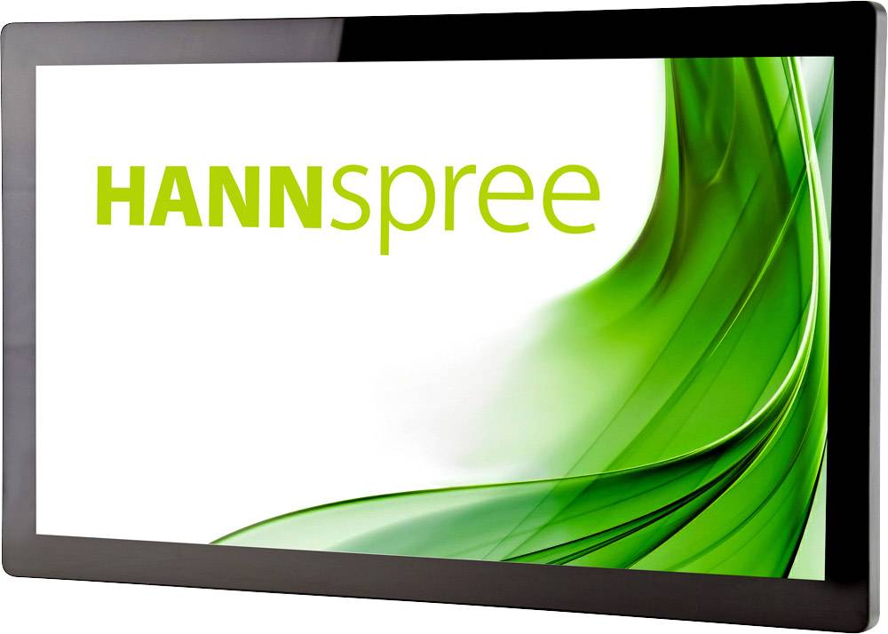 Monitor von Hannspree mit grünem Design auf dem Bildschirm.