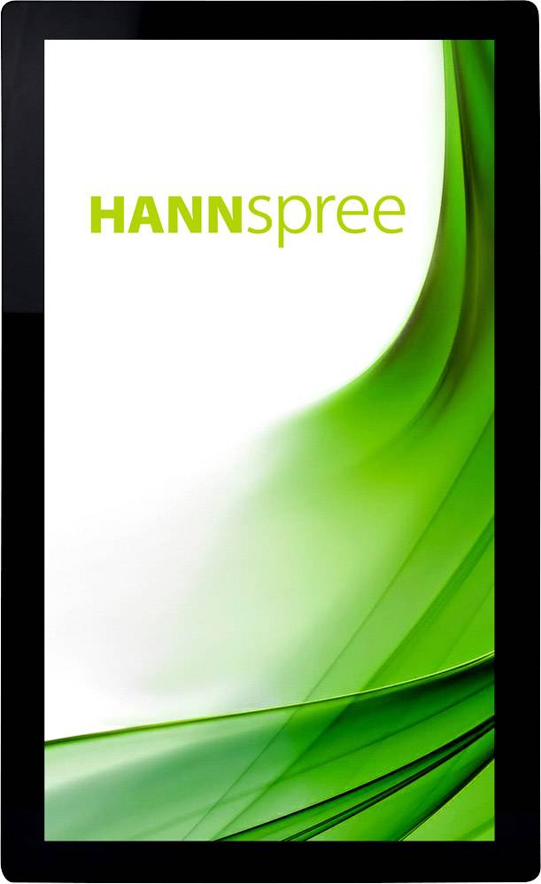 'Digitaler Bildschirm mit grünem, geschwungenem Design. Oben links steht 'HANNspree' in grüner Schrift.'