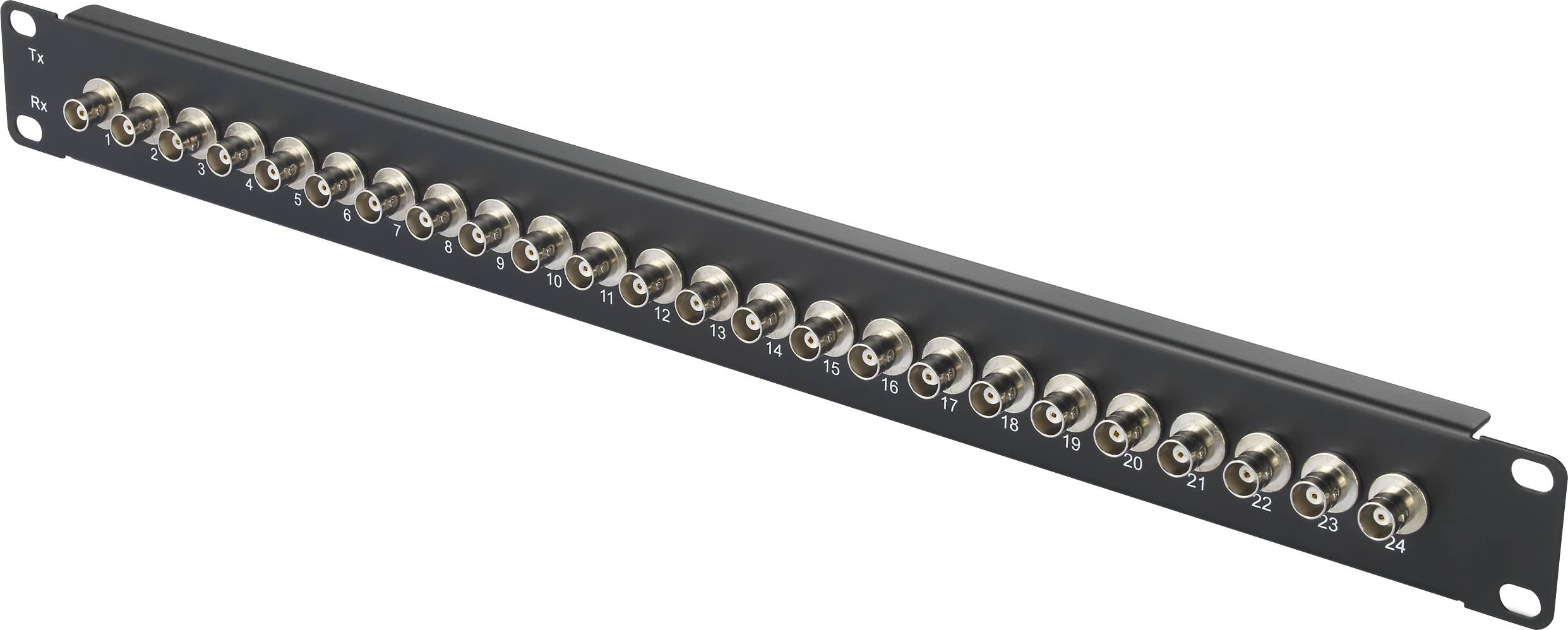 Patchpanel mit 24 BNC-Anschlüssen in einer Reihe. Es dient zur Organisation und Verbindung von Videokabeln in einem Netzwerk.