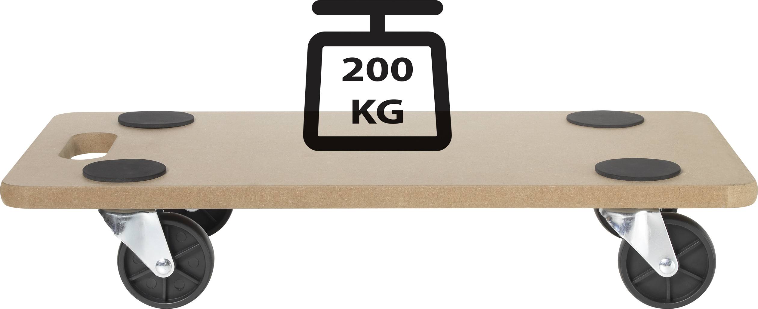 Rollbrett mit vier schwarzen Rädern, geeignet für Lasten bis 200 kg.