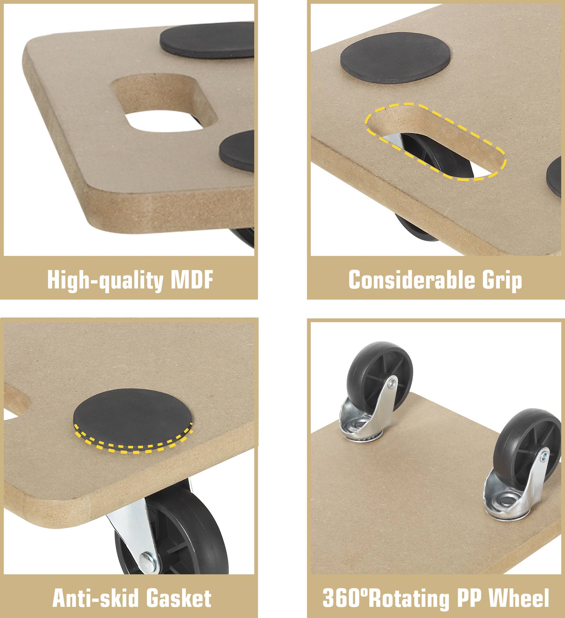 Vier detaillierte Abbildungen eines Transportwagens: MDF-Platte mit Griff und Anti-Rutsch-Unterlage, sowie Drehrollen aus PP.