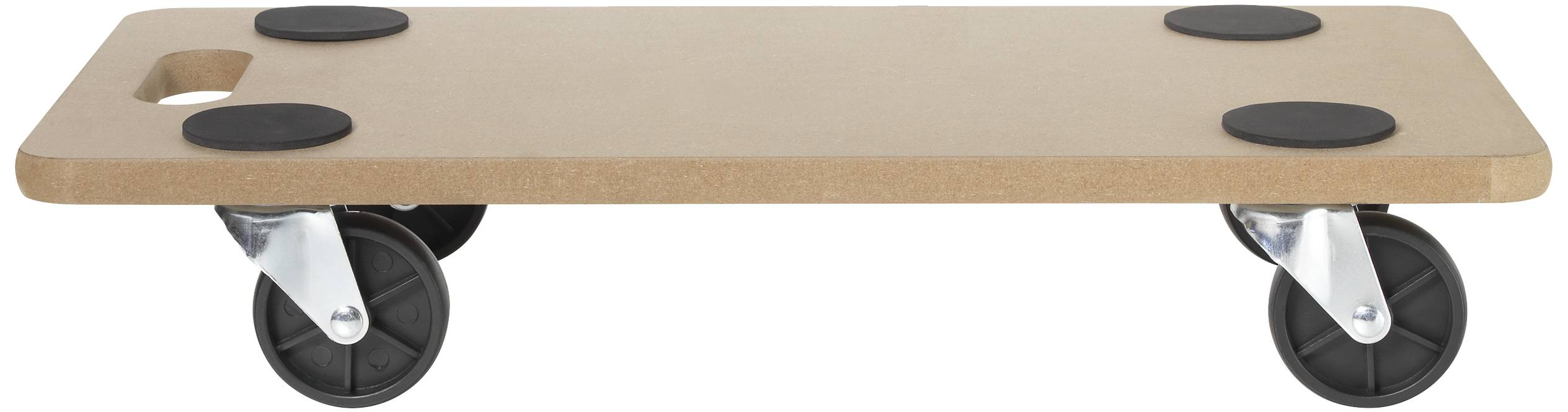 Ein flacher Rollwagen mit vier schwarzen Rollen und schwarzem Antirutschbelag auf der Oberfläche, geeignet zum Transport schwerer Gegenstände.