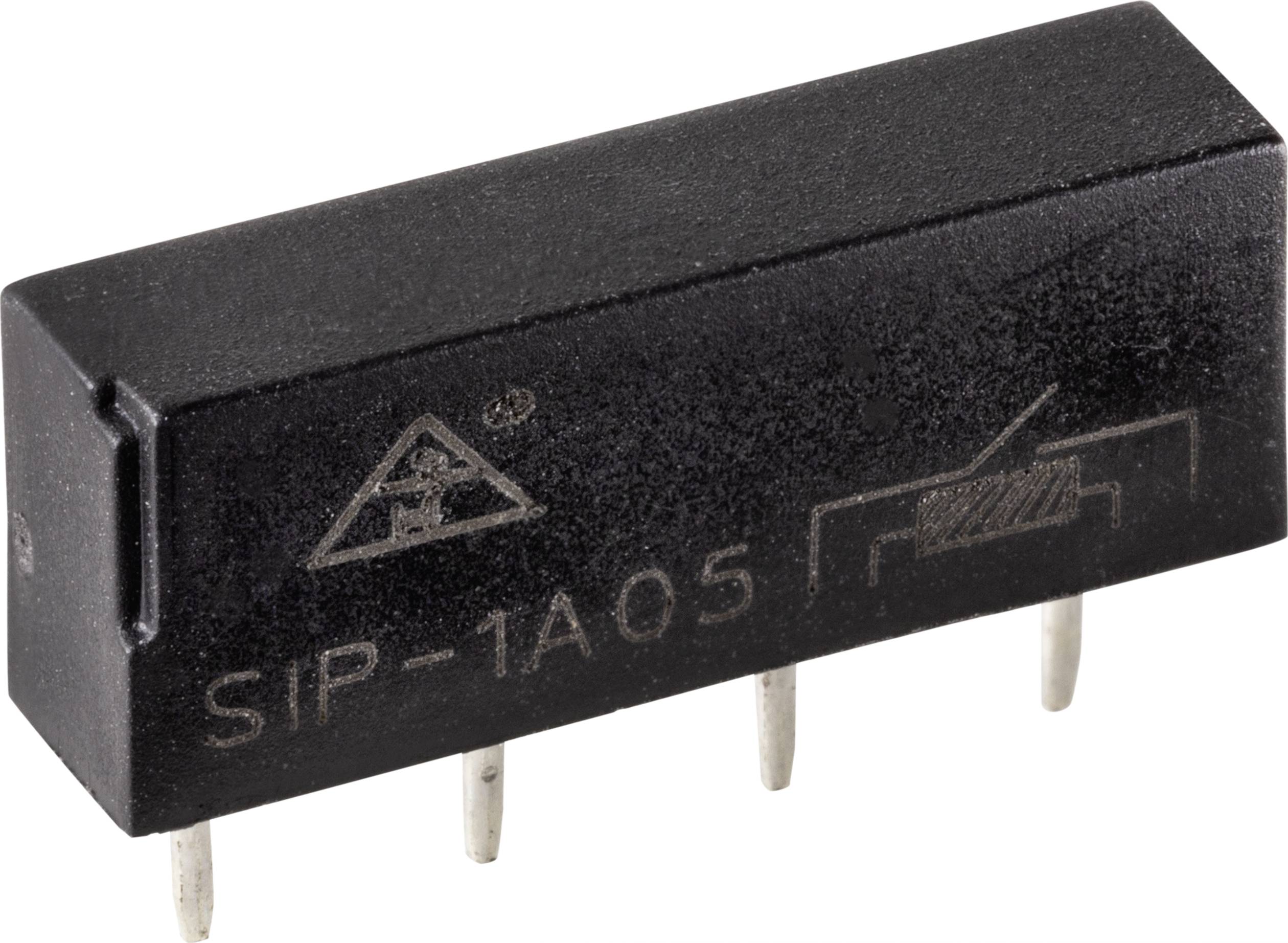 Ein elektronisches Bauteil, vermutlich ein Relais, mit der Aufschrift 'SIP-1A05' und vier Metallpins an der Unterseite.
