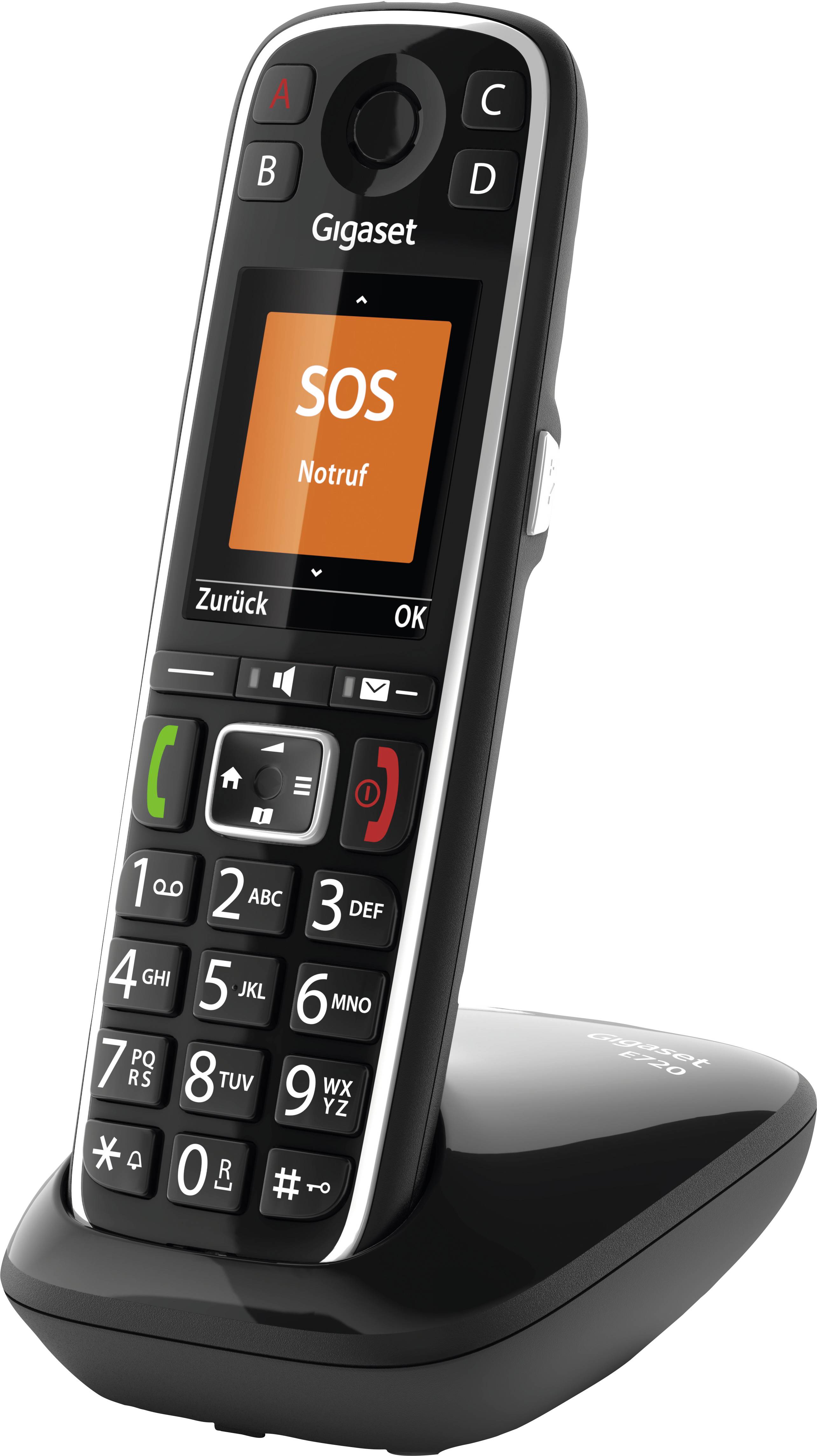 Schnurloses Telefon mit großer SOS-Taste auf dem Display. Ideal für Notrufe und einfach zu bedienende Tasten mit Display für Senioren.