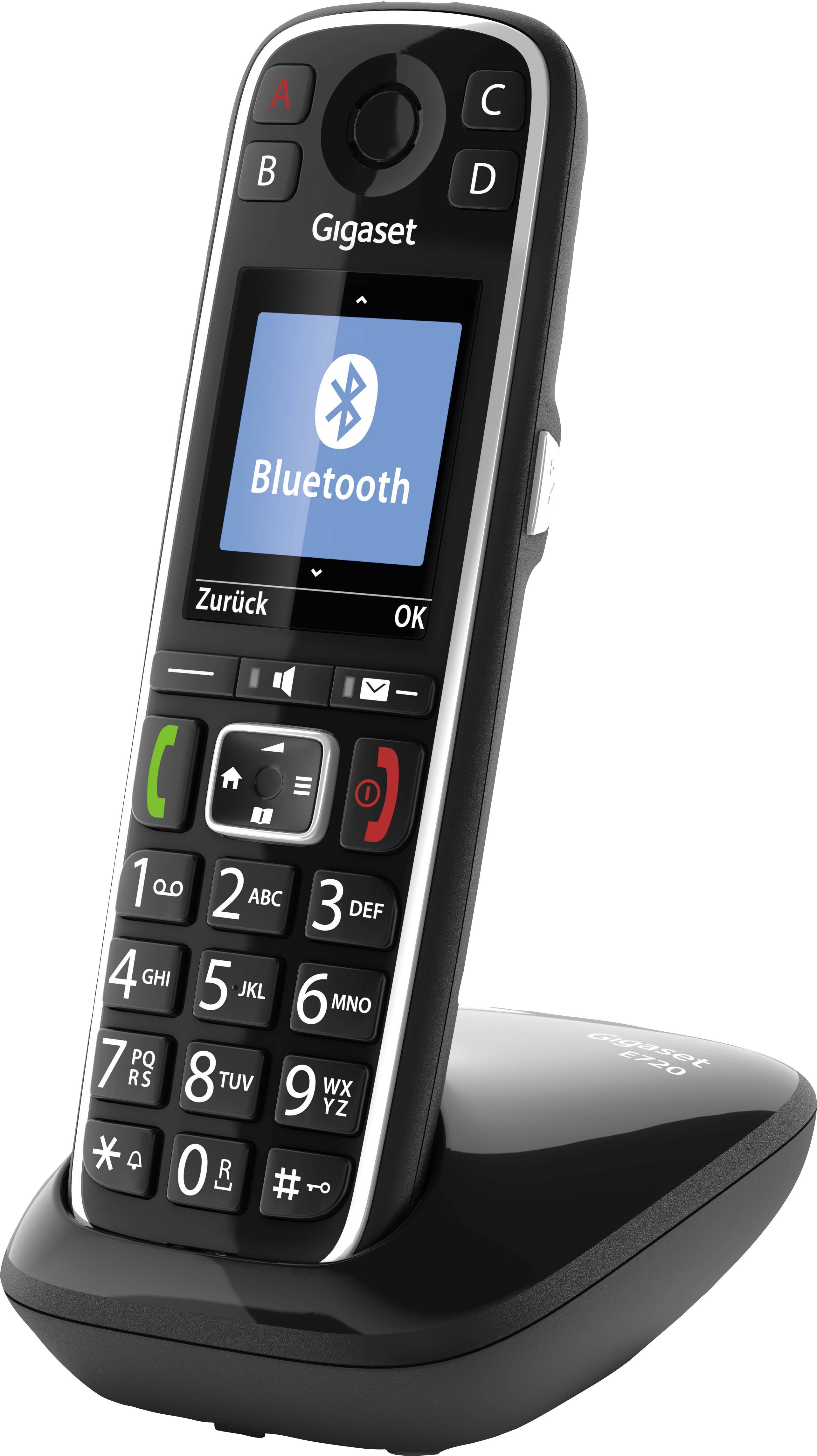 Schnurloses DECT-Telefon auf Ladestation mit Bluetooth-Funktion, schwarzes Design, große Tasten, Display zeigt das Bluetooth-Symbol.