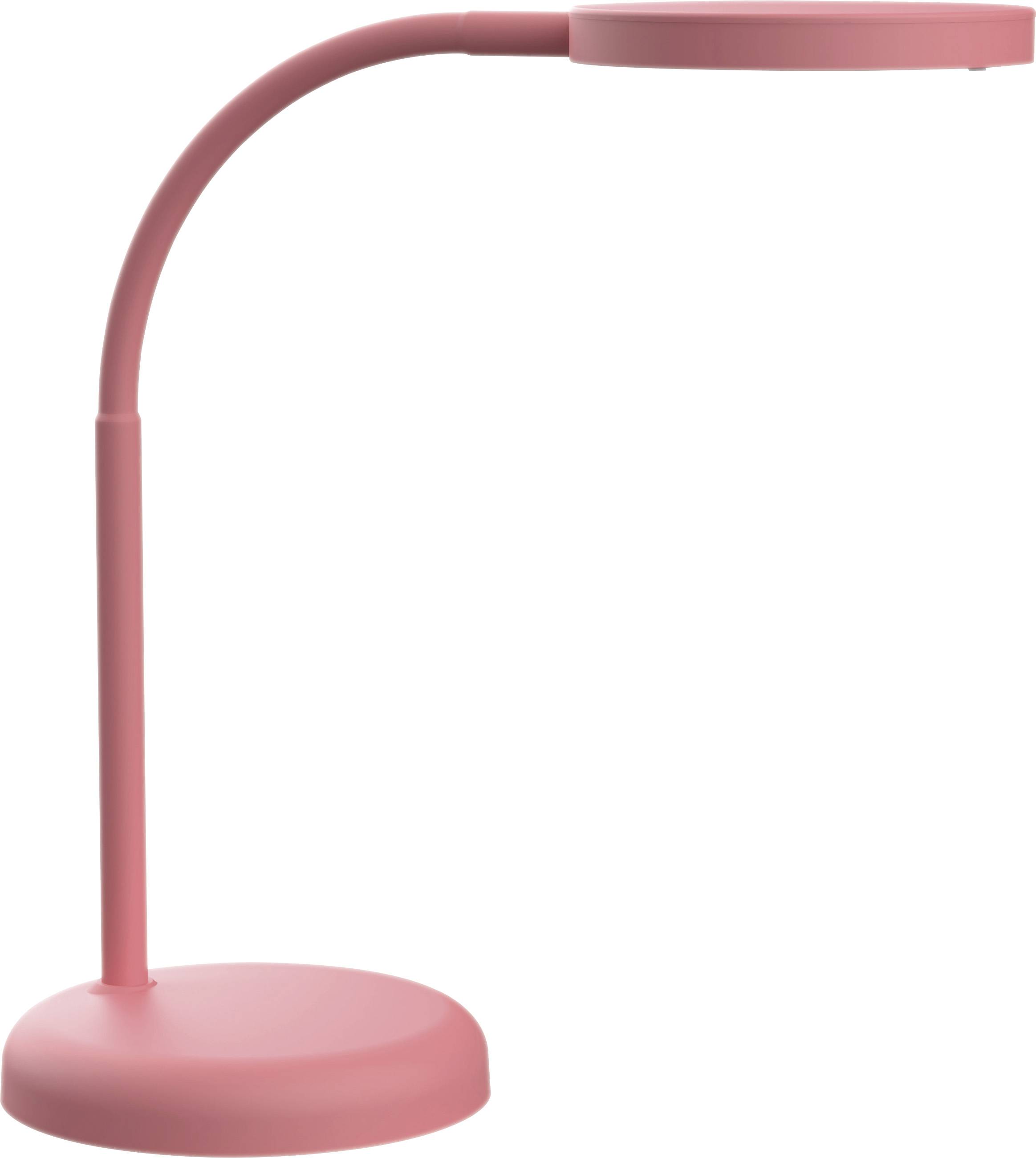 Eine rosa Schreibtischlampe mit rundem Fuß und flexiblem Hals, ideal für Schreibtischbeleuchtung.