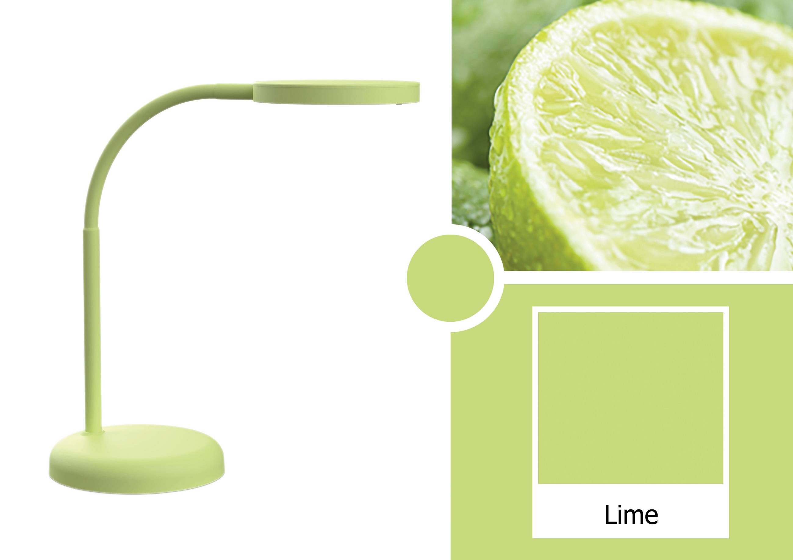 Eine grüne Tischlampe neben einem halbierten Limettenbild. Darunter ein Farbquadrat in Limettengrün mit dem Wort 'Lime'.