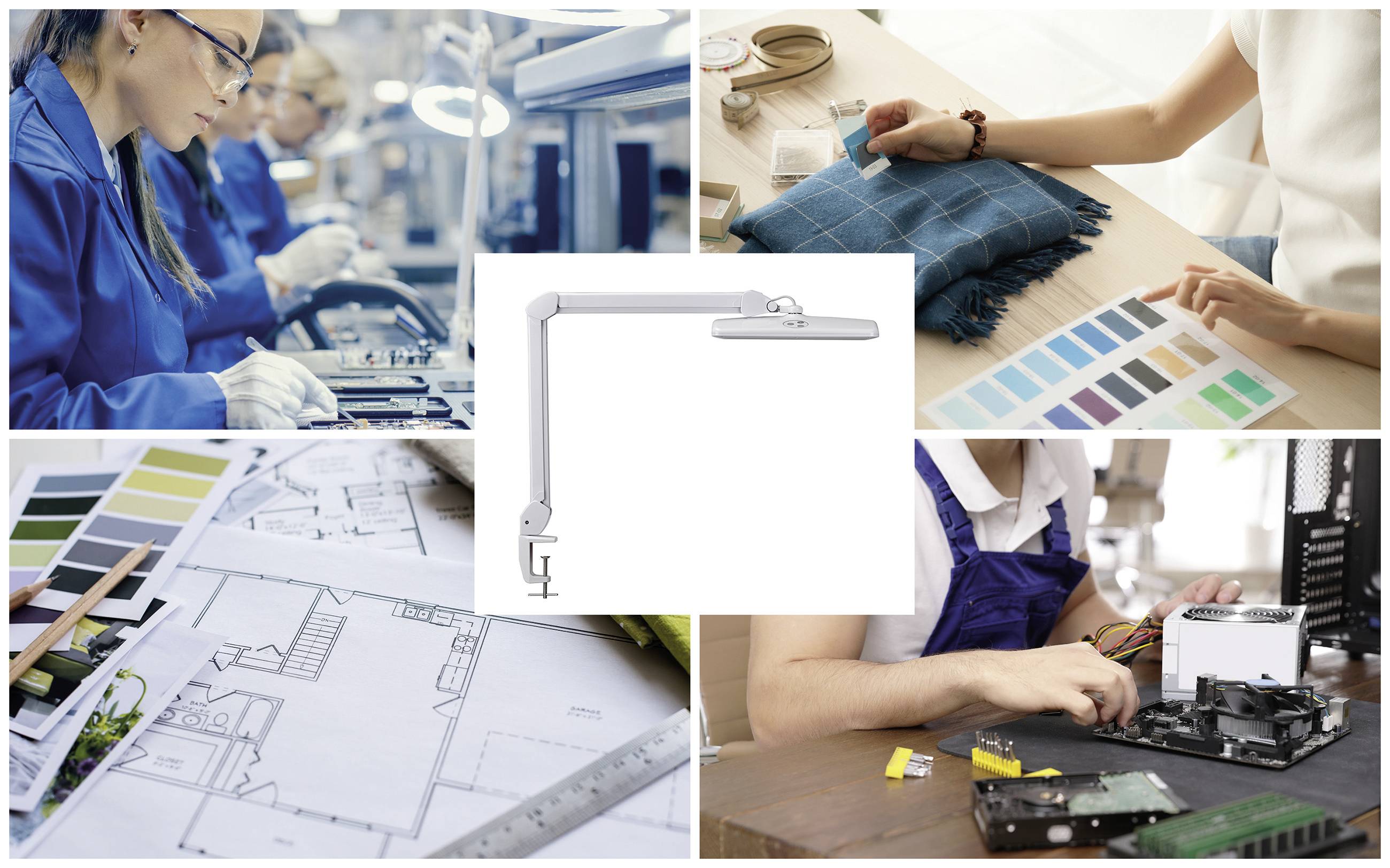 Collage aus fünf Bildern: 1. Arbeiterinnen in blauer Kleidung montieren in einer Fabrik. 2. Person wählt Stofffarbe aus. 3. Farbpaletten und Architektenplan auf einem Tisch. 4. Werker repariert einen Computer. 5. Weiße Schreibtischlampe in der Mitte.