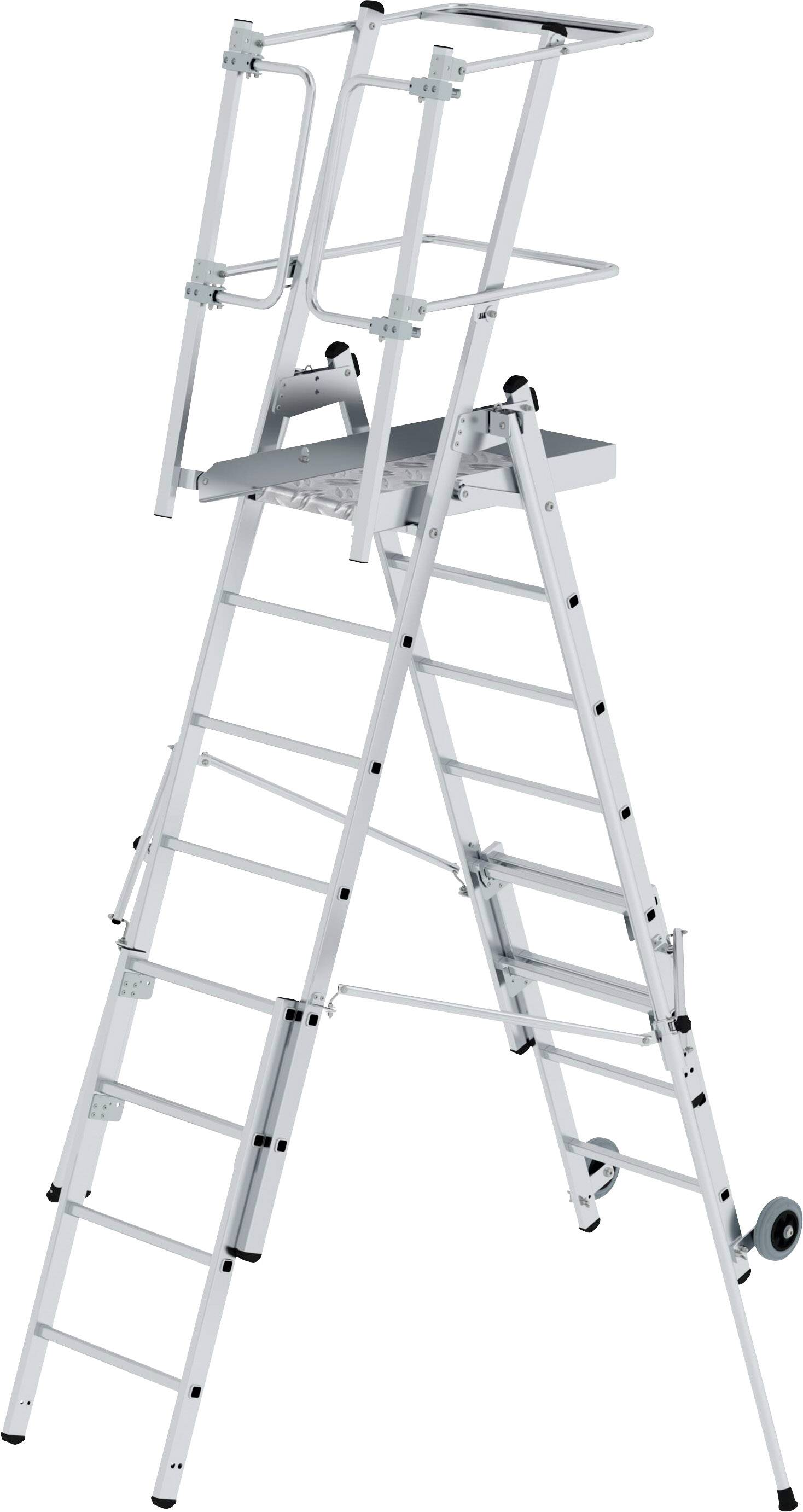 Aluminium-Teleskopleiter mit Plattform, Sicherheitsgeländer und Rollen, ermöglicht sicheres Arbeiten in großer Höhe.