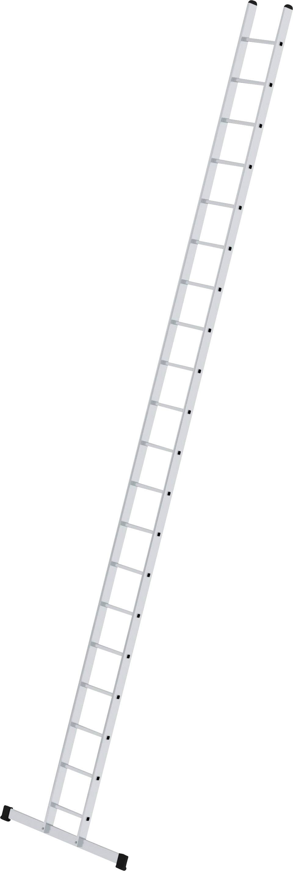 Eine lange, schräg gestellte weiße Aluleiter mit 14 Sprossen, die bis über den Bildrand reicht.
