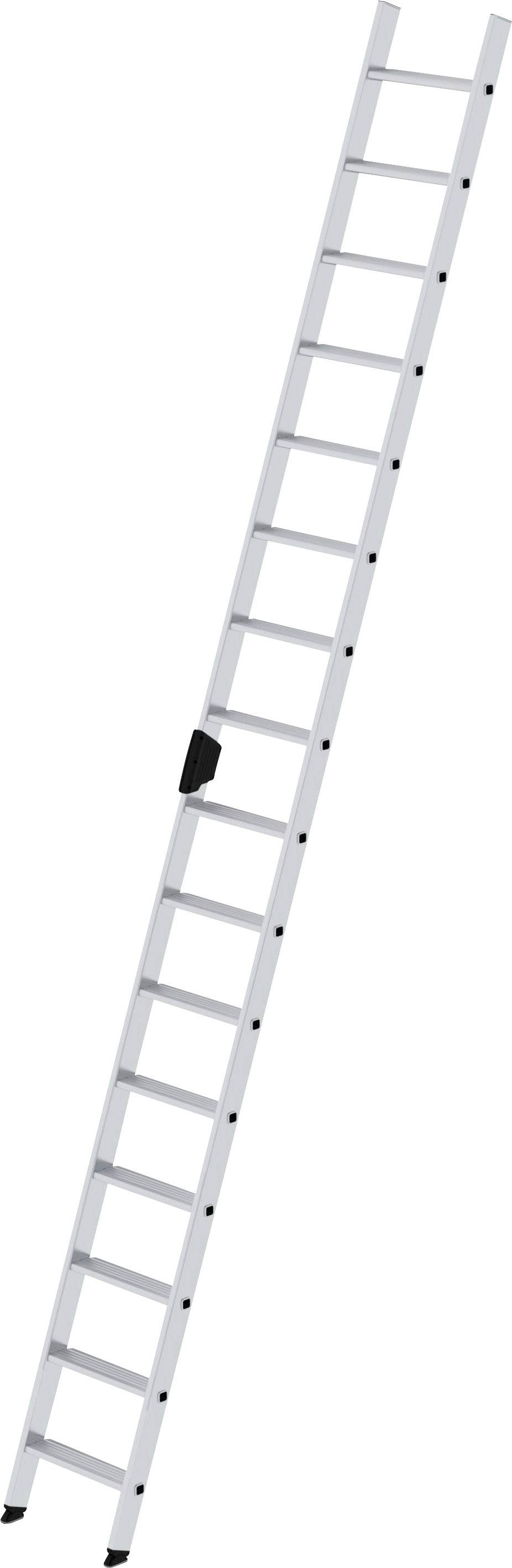 Eine lange, schmale Aluleiter mit schwarzen Füßen und mehreren Sprossen, angelehnt. Geeignet zum Erreichen hoher Stellen.