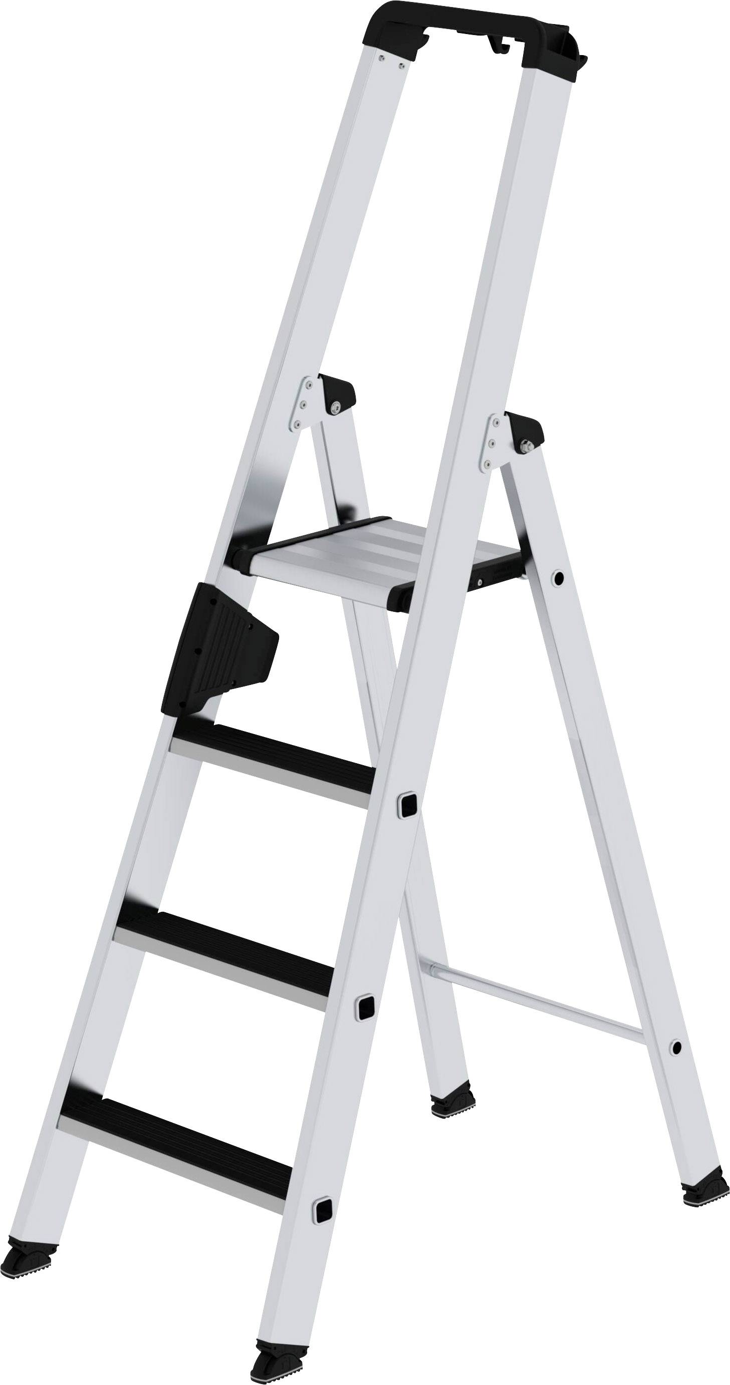 Eine Aluminiumleiter mit fünf Stufen, geeignet für den Innengebrauch. Stabil und leicht, ideal für den Heimwerkerbedarf.