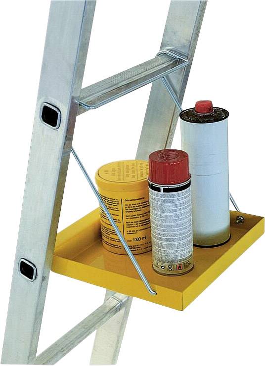 Ein gelber Werkzeughalter, der an einer Leiter befestigt ist, trägt eine rote Spraydose, eine gelbe Flasche und eine große weiße Dose.