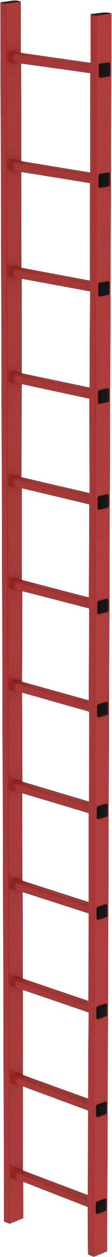 Eine lange, rote Leiter mit schwarzen, rutschfesten Sprossen, die vertikal positioniert ist.