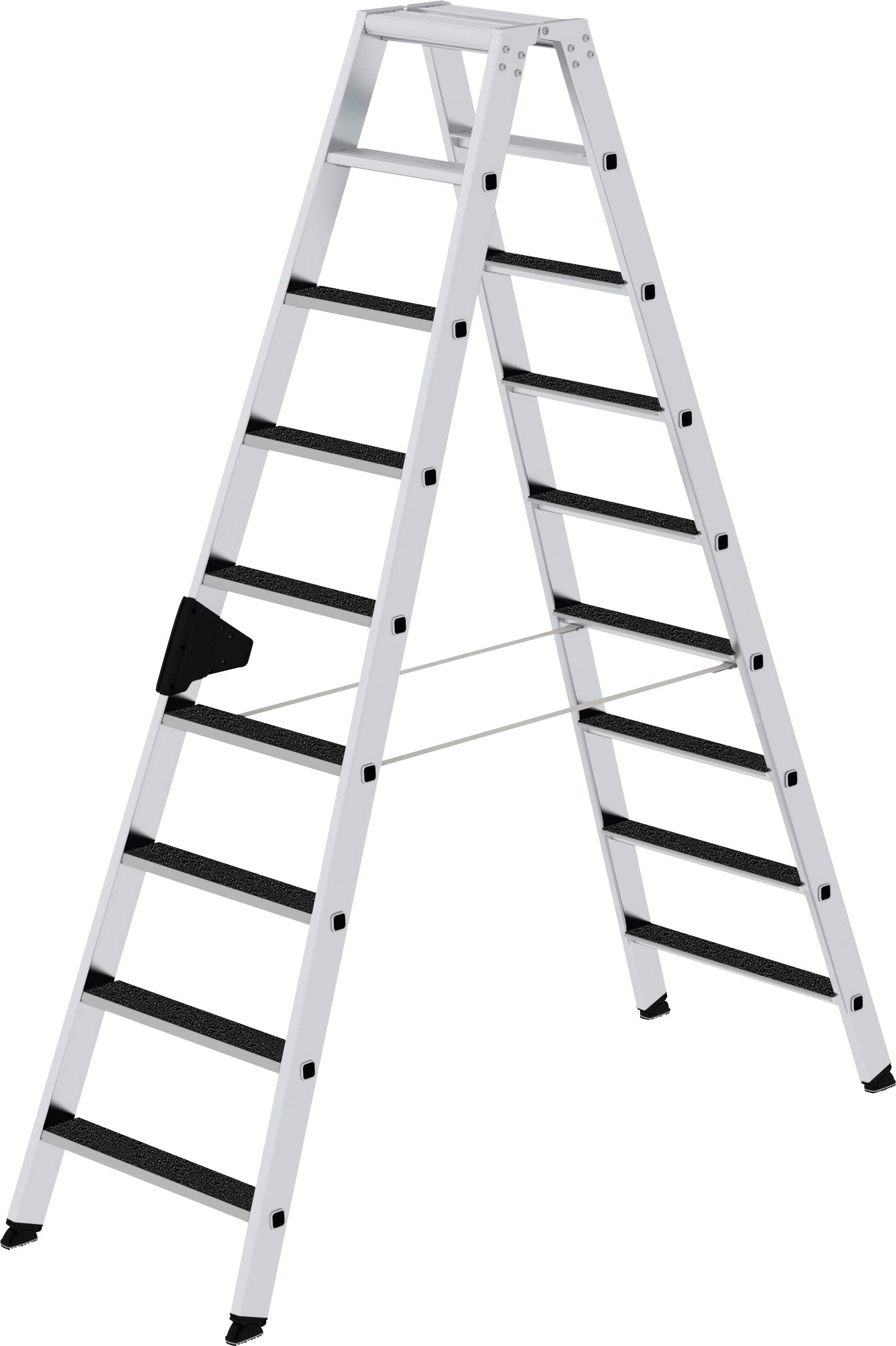Eine weiße Trittleiter mit schwarzer Rutschschutzbeschichtung auf den Stufen, in geöffneter Position.