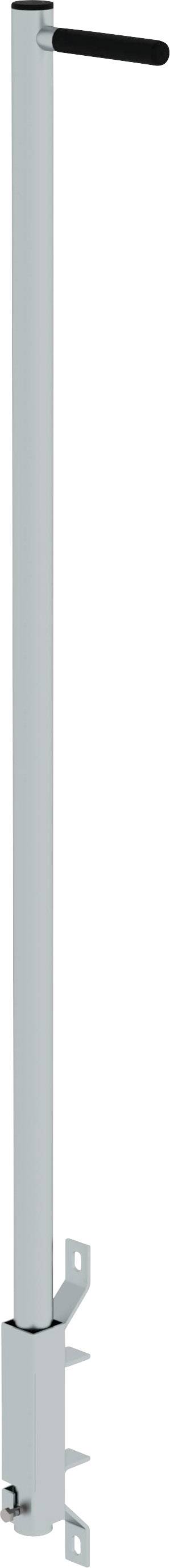 Langer, vertikaler Metallstab mit seitlichem Griff und befestigtem Bodenhalterungsteil. 用途：门或装置固定组件。